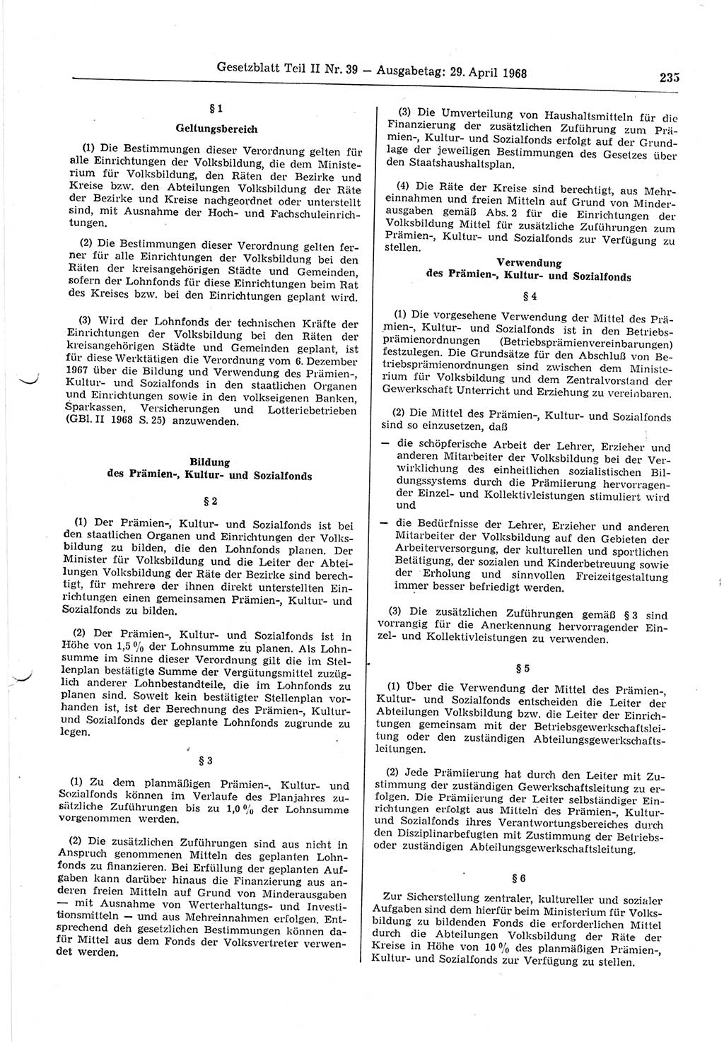 Gesetzblatt (GBl.) der Deutschen Demokratischen Republik (DDR) Teil ⅠⅠ 1968, Seite 235 (GBl. DDR ⅠⅠ 1968, S. 235)