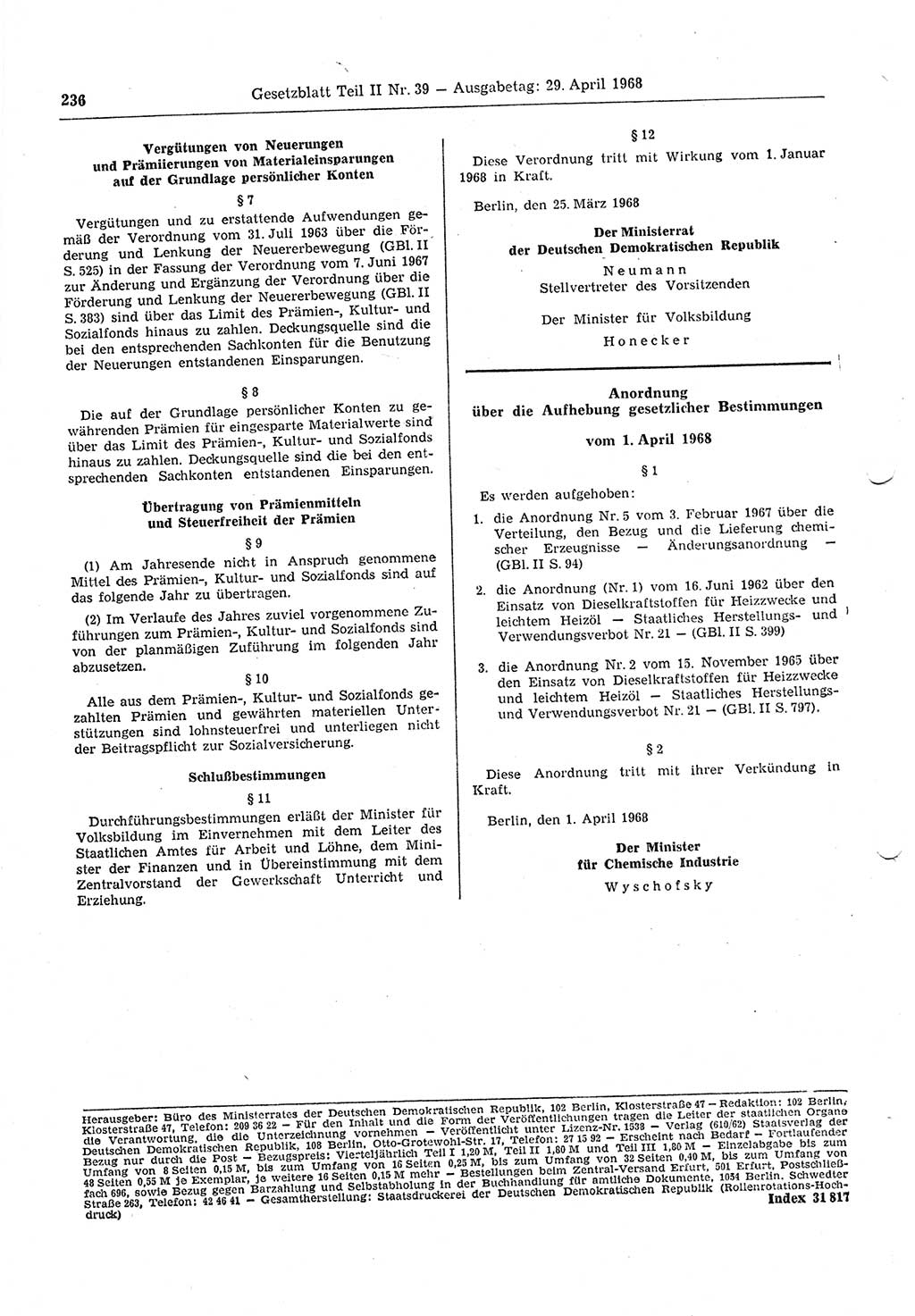 Gesetzblatt (GBl.) der Deutschen Demokratischen Republik (DDR) Teil ⅠⅠ 1968, Seite 236 (GBl. DDR ⅠⅠ 1968, S. 236)