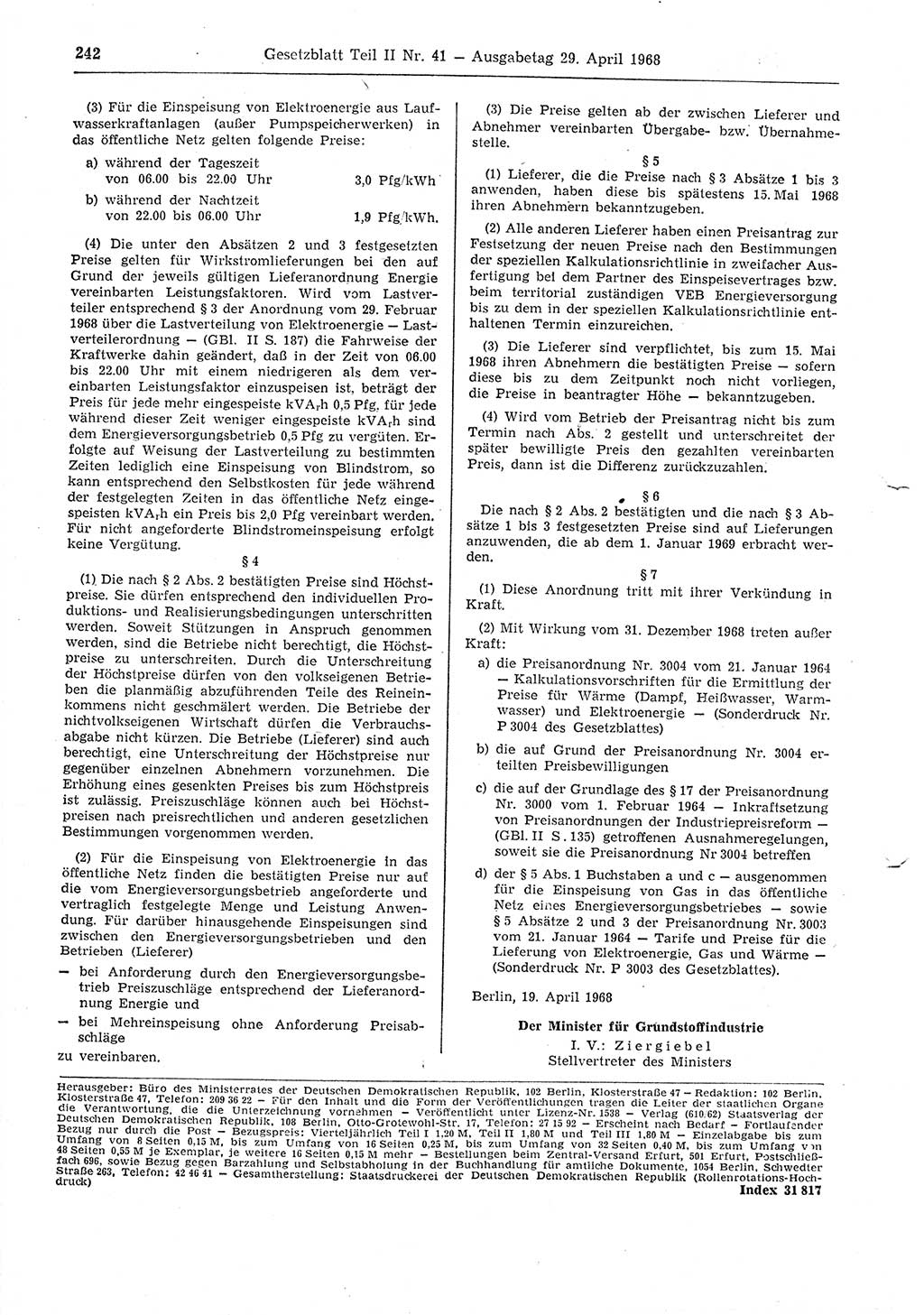 Gesetzblatt (GBl.) der Deutschen Demokratischen Republik (DDR) Teil ⅠⅠ 1968, Seite 242 (GBl. DDR ⅠⅠ 1968, S. 242)