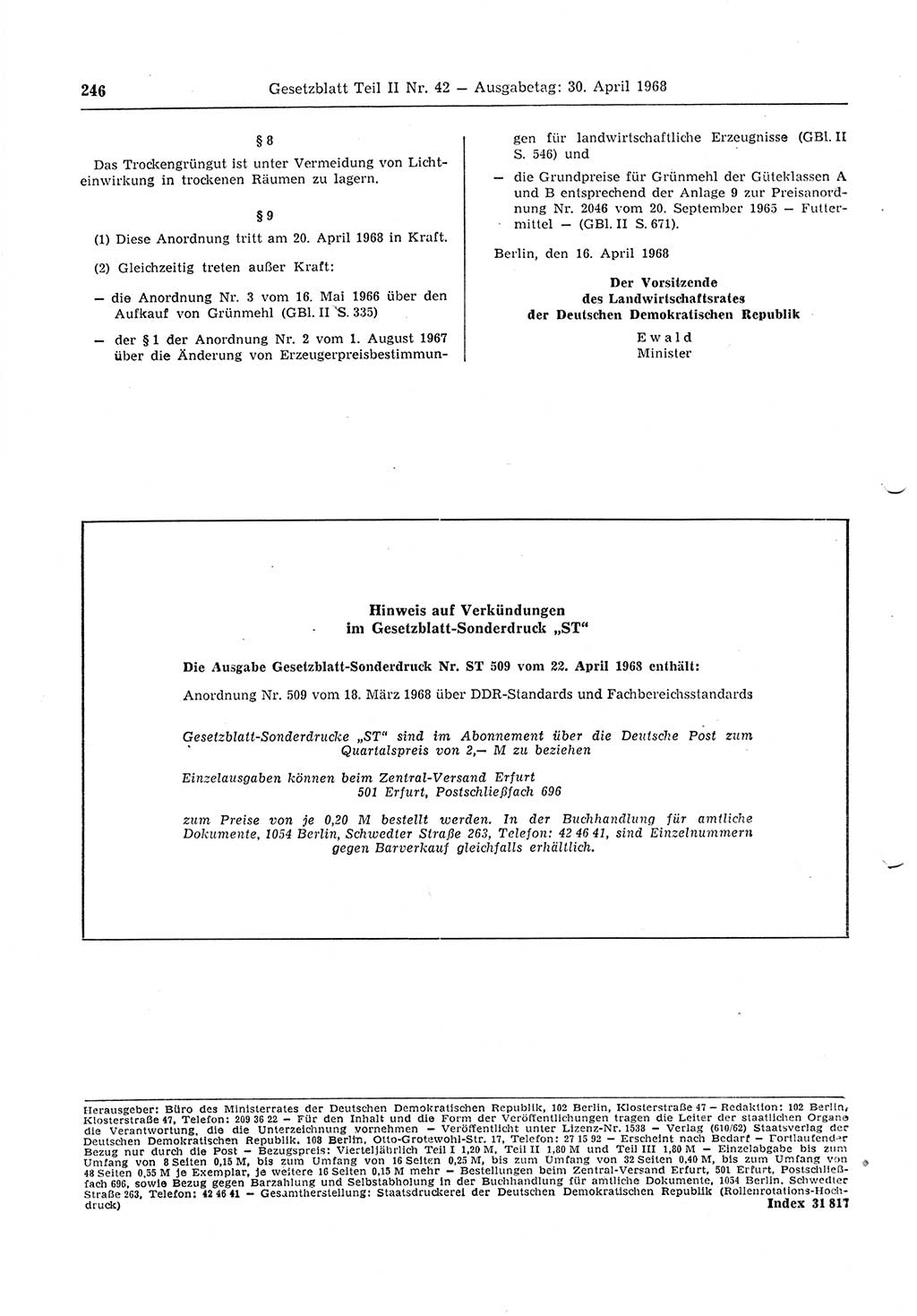 Gesetzblatt (GBl.) der Deutschen Demokratischen Republik (DDR) Teil ⅠⅠ 1968, Seite 246 (GBl. DDR ⅠⅠ 1968, S. 246)