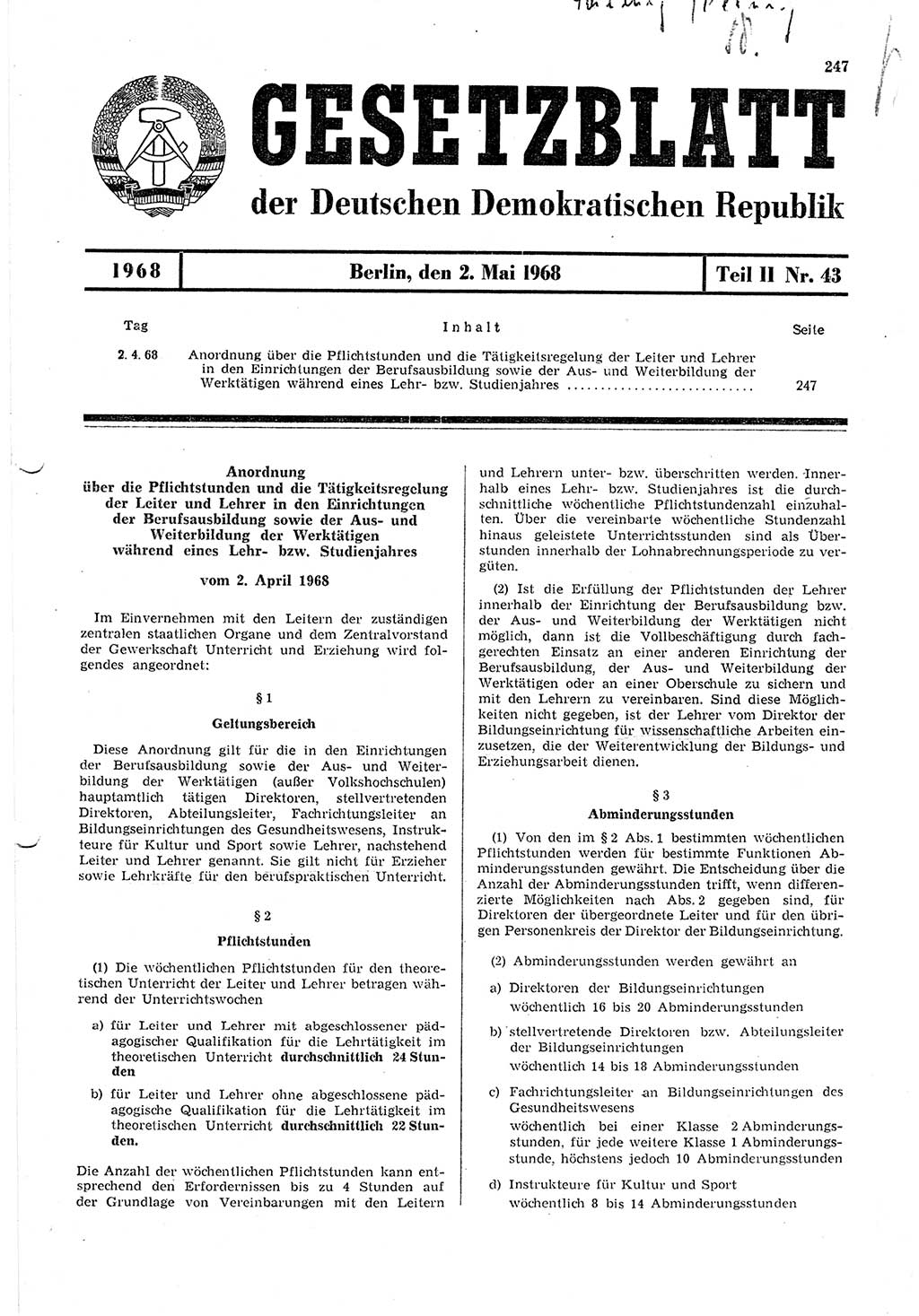 Gesetzblatt (GBl.) der Deutschen Demokratischen Republik (DDR) Teil ⅠⅠ 1968, Seite 247 (GBl. DDR ⅠⅠ 1968, S. 247)