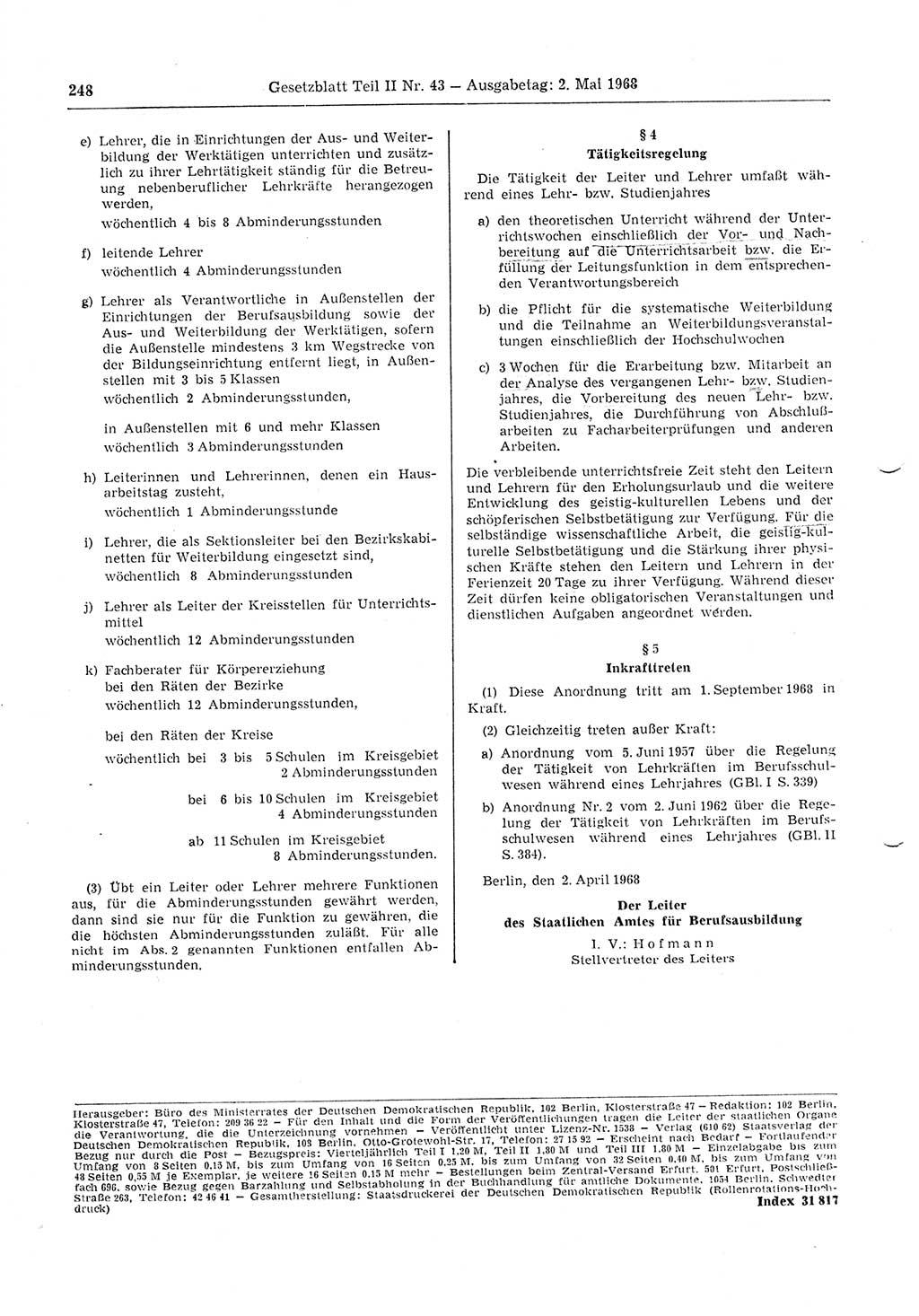 Gesetzblatt (GBl.) der Deutschen Demokratischen Republik (DDR) Teil ⅠⅠ 1968, Seite 248 (GBl. DDR ⅠⅠ 1968, S. 248)