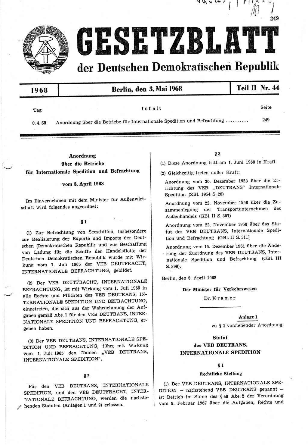 Gesetzblatt (GBl.) der Deutschen Demokratischen Republik (DDR) Teil ⅠⅠ 1968, Seite 249 (GBl. DDR ⅠⅠ 1968, S. 249)