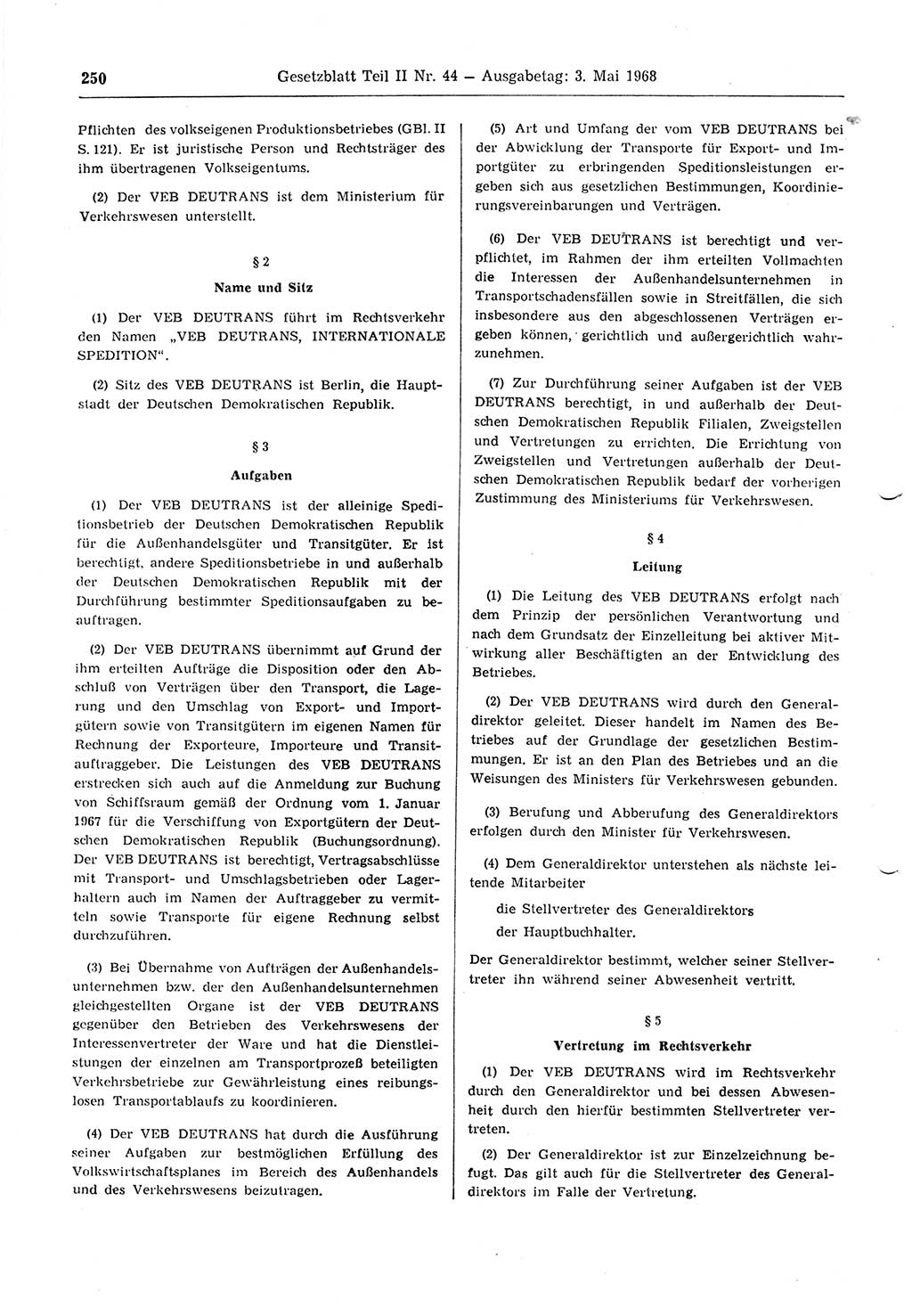 Gesetzblatt (GBl.) der Deutschen Demokratischen Republik (DDR) Teil ⅠⅠ 1968, Seite 250 (GBl. DDR ⅠⅠ 1968, S. 250)