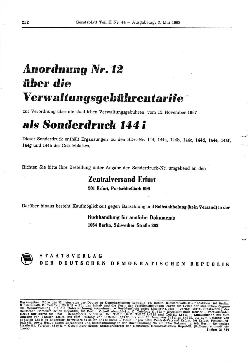 Gesetzblatt (GBl.) der Deutschen Demokratischen Republik (DDR) Teil ⅠⅠ 1968, Seite 252 (GBl. DDR ⅠⅠ 1968, S. 252)