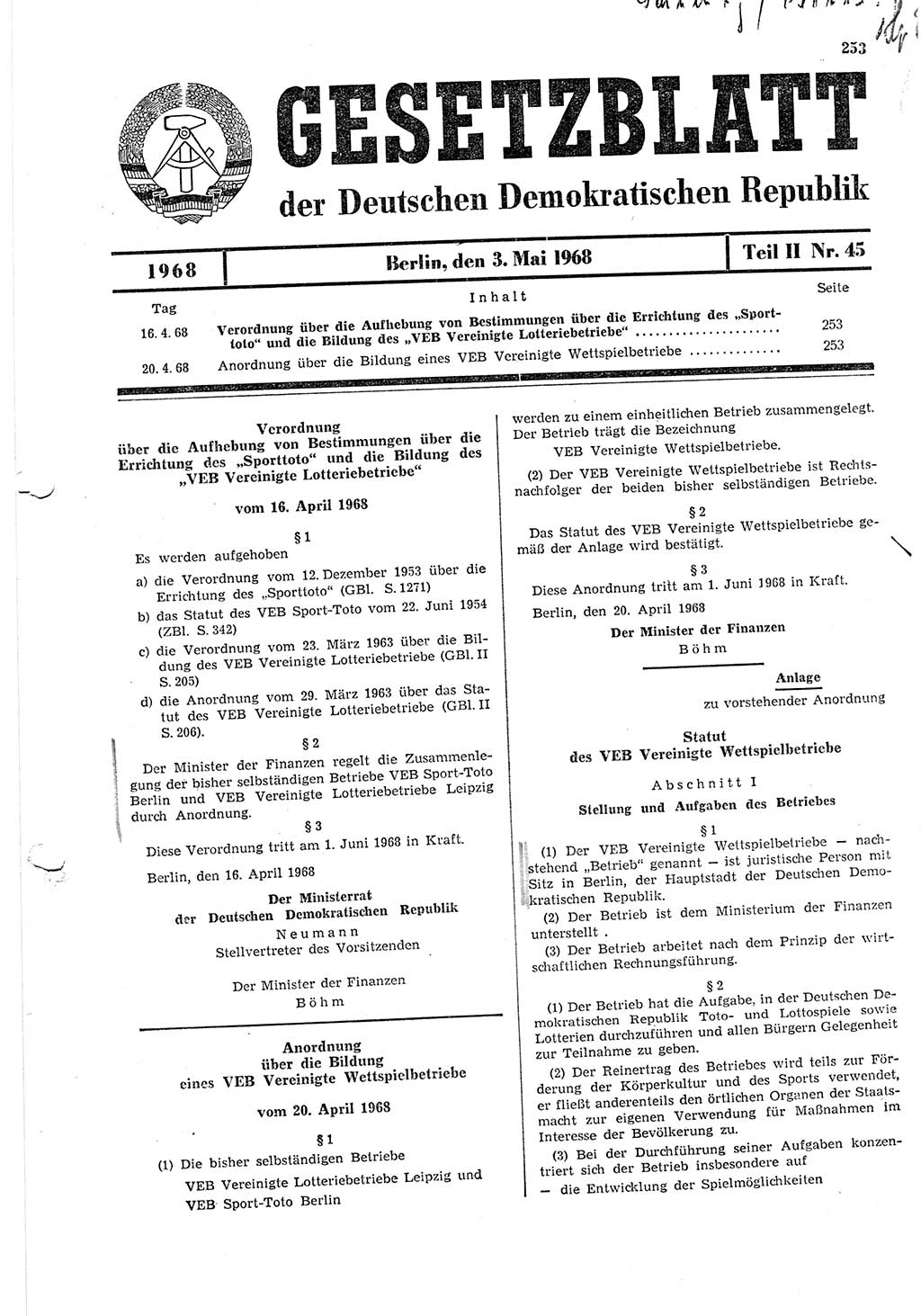 Gesetzblatt (GBl.) der Deutschen Demokratischen Republik (DDR) Teil ⅠⅠ 1968, Seite 253 (GBl. DDR ⅠⅠ 1968, S. 253)