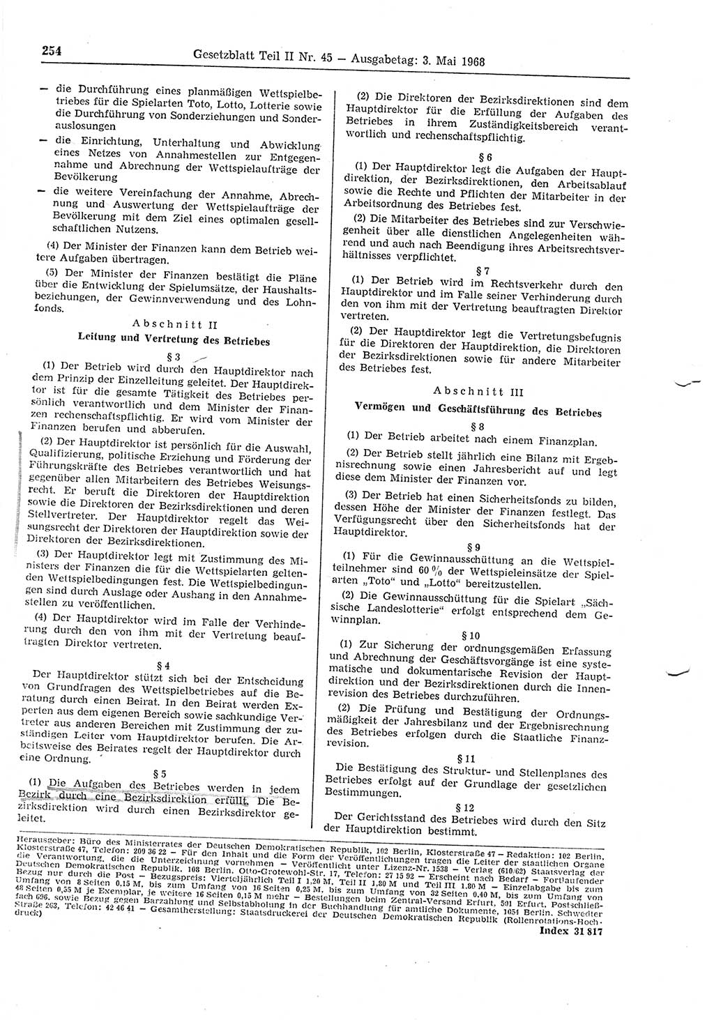 Gesetzblatt (GBl.) der Deutschen Demokratischen Republik (DDR) Teil ⅠⅠ 1968, Seite 254 (GBl. DDR ⅠⅠ 1968, S. 254)