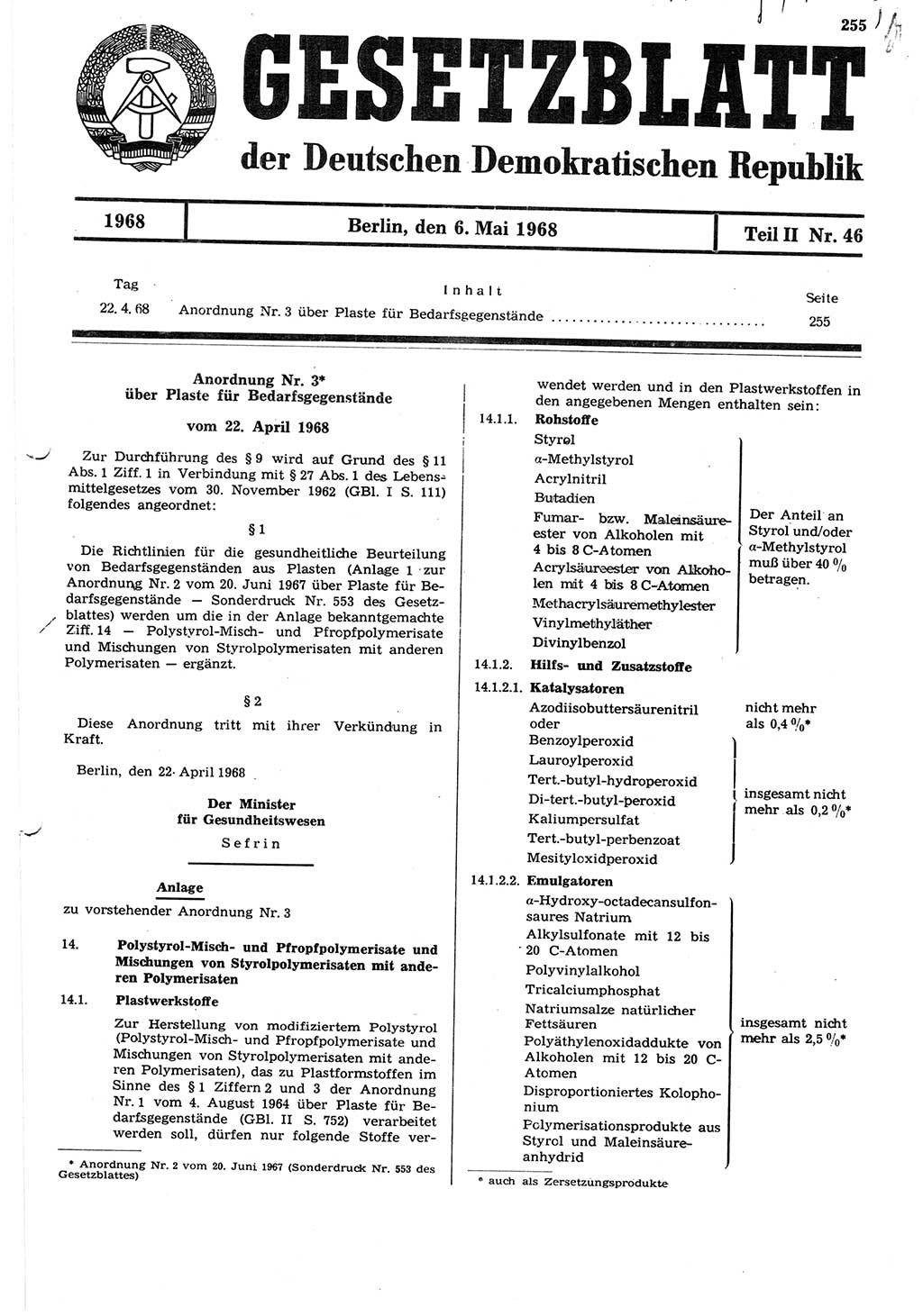Gesetzblatt (GBl.) der Deutschen Demokratischen Republik (DDR) Teil ⅠⅠ 1968, Seite 255 (GBl. DDR ⅠⅠ 1968, S. 255)