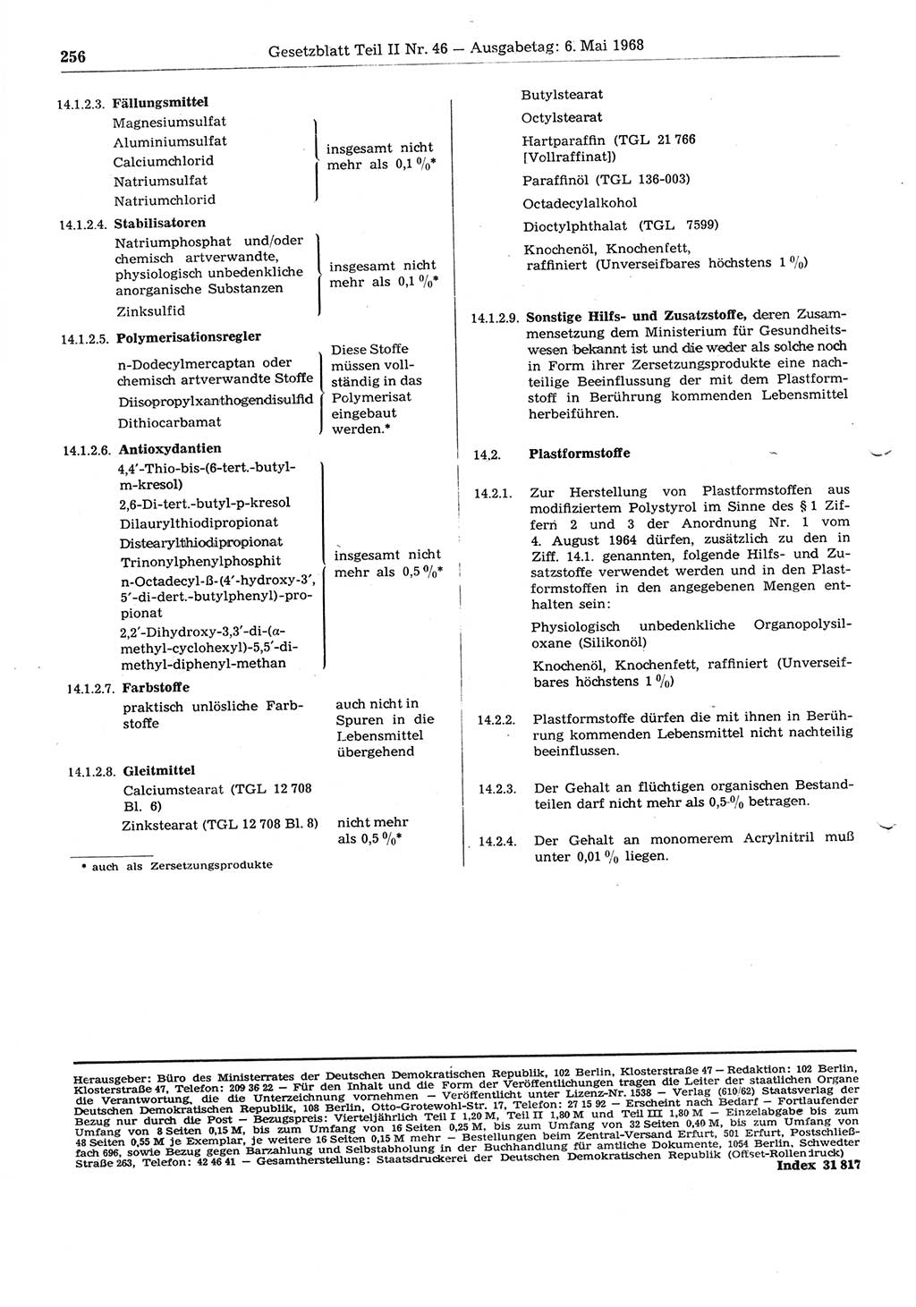 Gesetzblatt (GBl.) der Deutschen Demokratischen Republik (DDR) Teil ⅠⅠ 1968, Seite 256 (GBl. DDR ⅠⅠ 1968, S. 256)