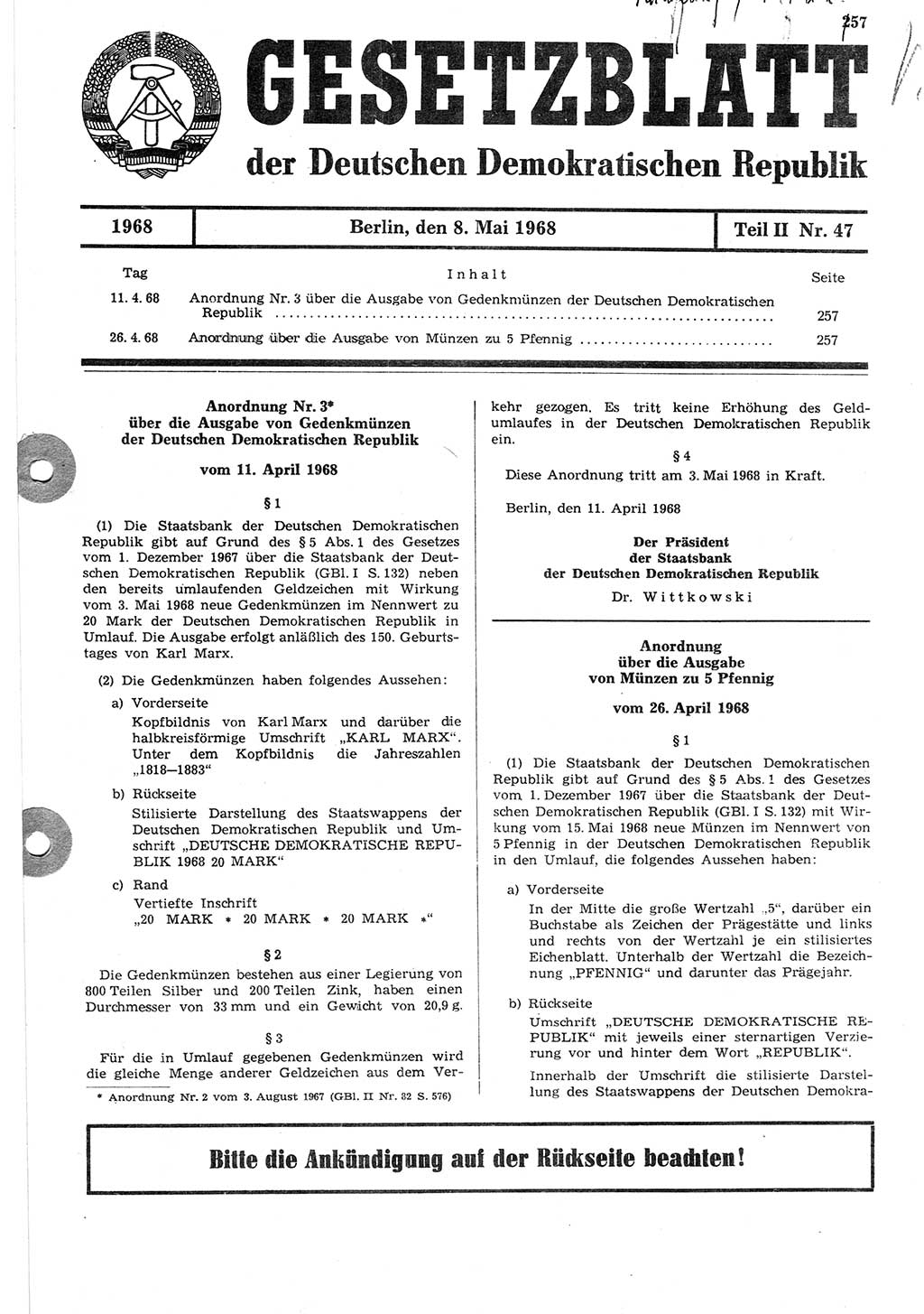Gesetzblatt (GBl.) der Deutschen Demokratischen Republik (DDR) Teil ⅠⅠ 1968, Seite 257 (GBl. DDR ⅠⅠ 1968, S. 257)