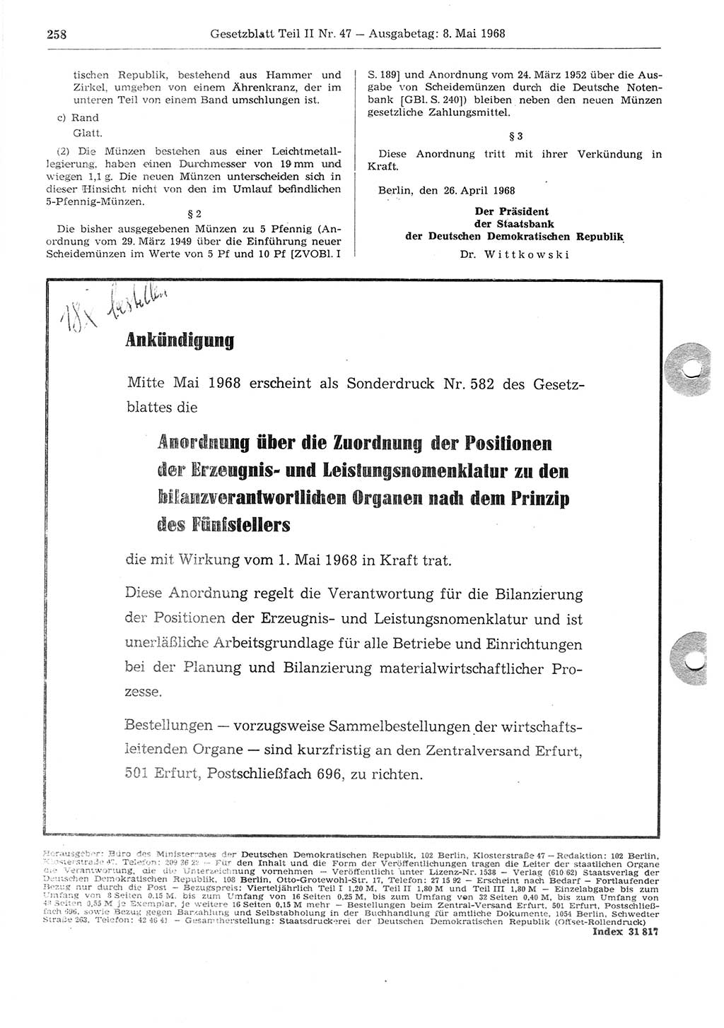 Gesetzblatt (GBl.) der Deutschen Demokratischen Republik (DDR) Teil ⅠⅠ 1968, Seite 258 (GBl. DDR ⅠⅠ 1968, S. 258)
