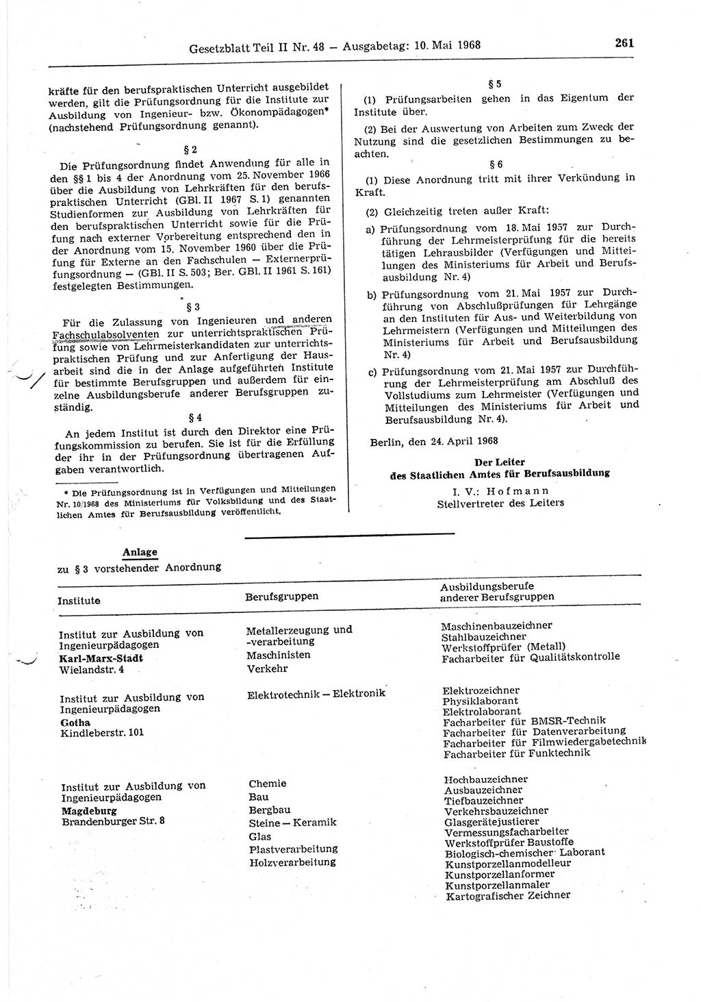 Gesetzblatt (GBl.) der Deutschen Demokratischen Republik (DDR) Teil ⅠⅠ 1968, Seite 261 (GBl. DDR ⅠⅠ 1968, S. 261)