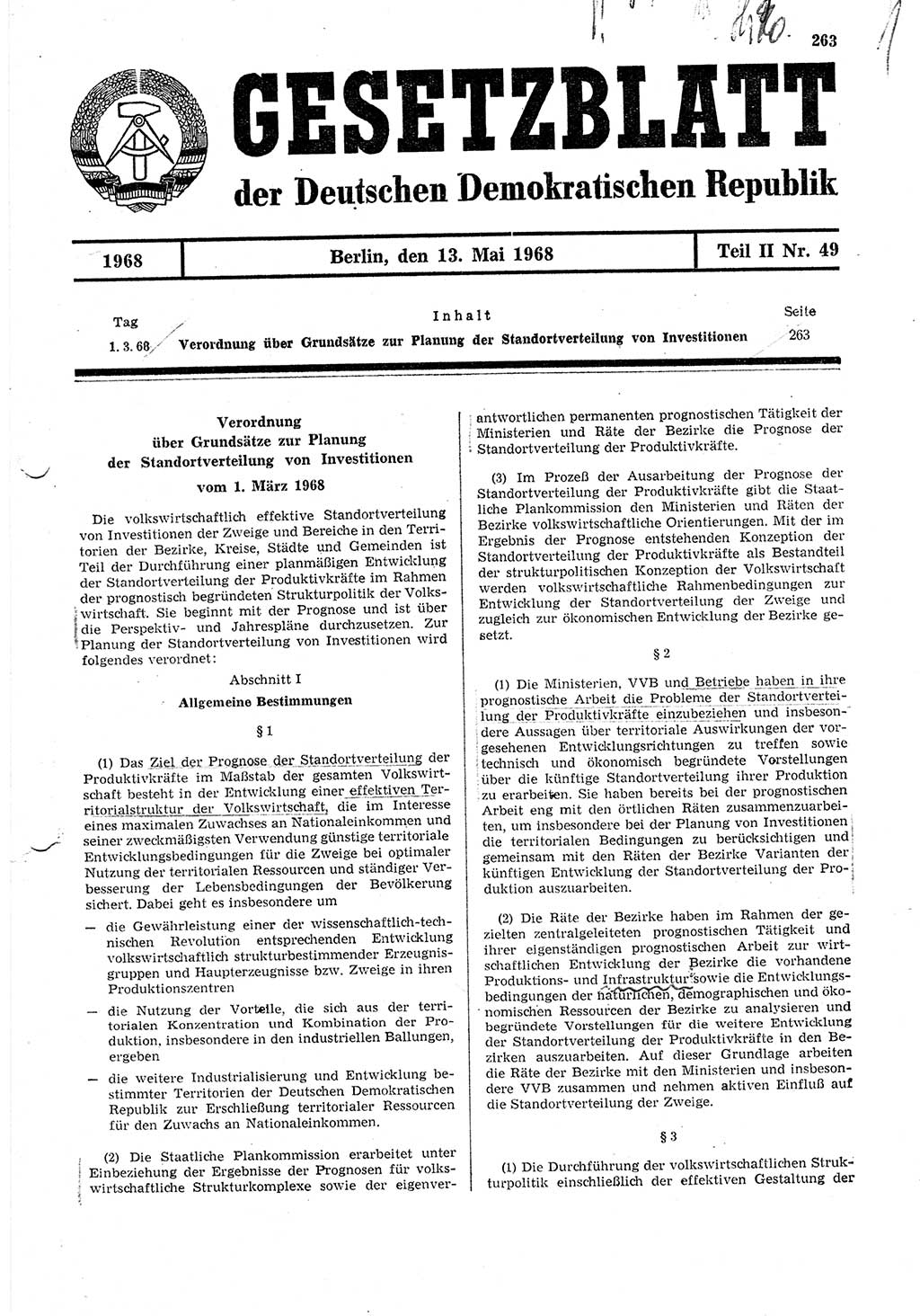 Gesetzblatt (GBl.) der Deutschen Demokratischen Republik (DDR) Teil ⅠⅠ 1968, Seite 263 (GBl. DDR ⅠⅠ 1968, S. 263)