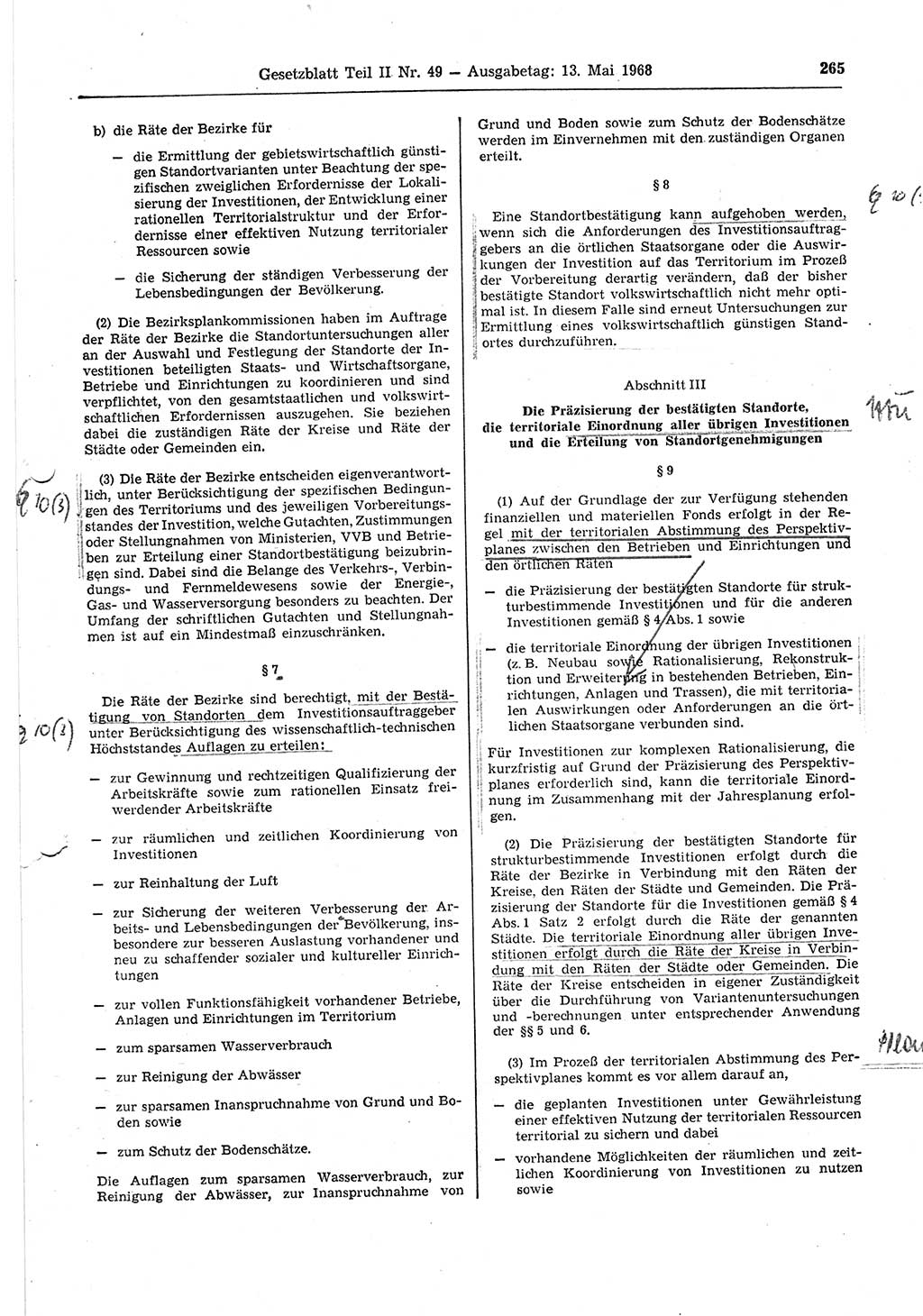 Gesetzblatt (GBl.) der Deutschen Demokratischen Republik (DDR) Teil ⅠⅠ 1968, Seite 265 (GBl. DDR ⅠⅠ 1968, S. 265)