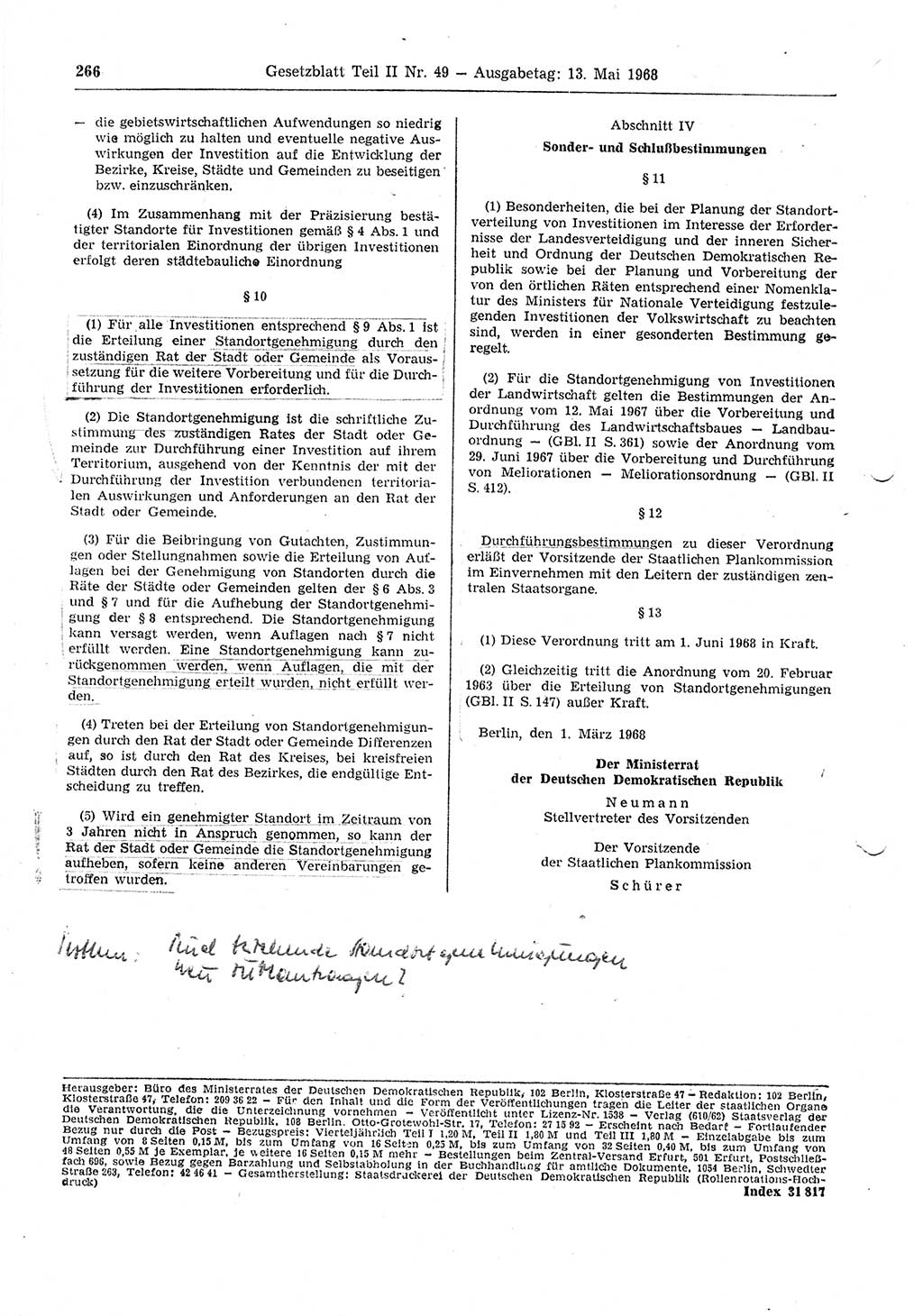Gesetzblatt (GBl.) der Deutschen Demokratischen Republik (DDR) Teil ⅠⅠ 1968, Seite 266 (GBl. DDR ⅠⅠ 1968, S. 266)