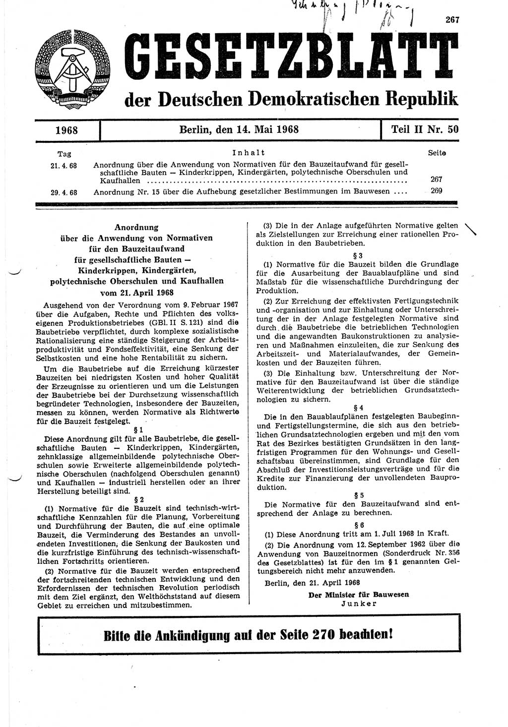 Gesetzblatt (GBl.) der Deutschen Demokratischen Republik (DDR) Teil ⅠⅠ 1968, Seite 267 (GBl. DDR ⅠⅠ 1968, S. 267)