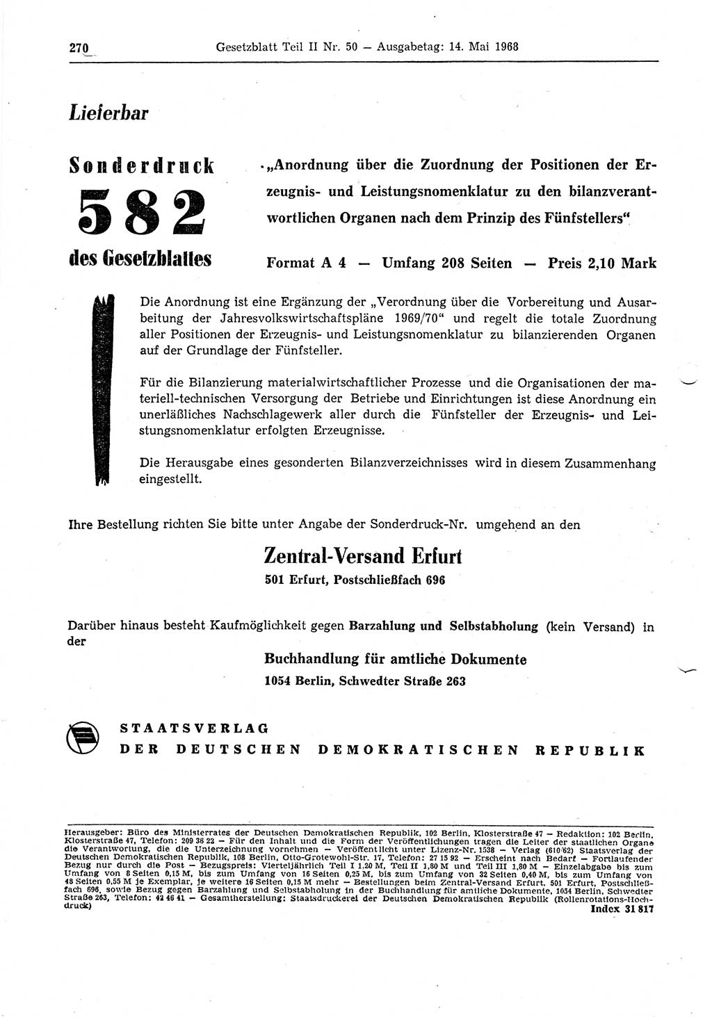 Gesetzblatt (GBl.) der Deutschen Demokratischen Republik (DDR) Teil ⅠⅠ 1968, Seite 270 (GBl. DDR ⅠⅠ 1968, S. 270)