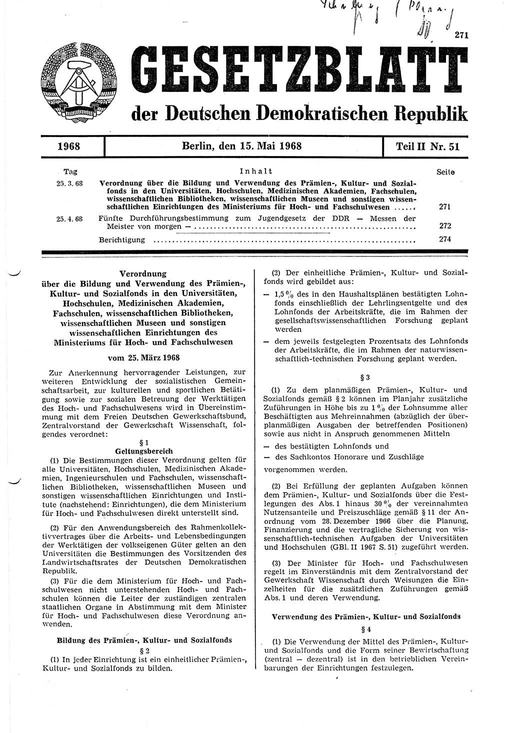 Gesetzblatt (GBl.) der Deutschen Demokratischen Republik (DDR) Teil ⅠⅠ 1968, Seite 271 (GBl. DDR ⅠⅠ 1968, S. 271)
