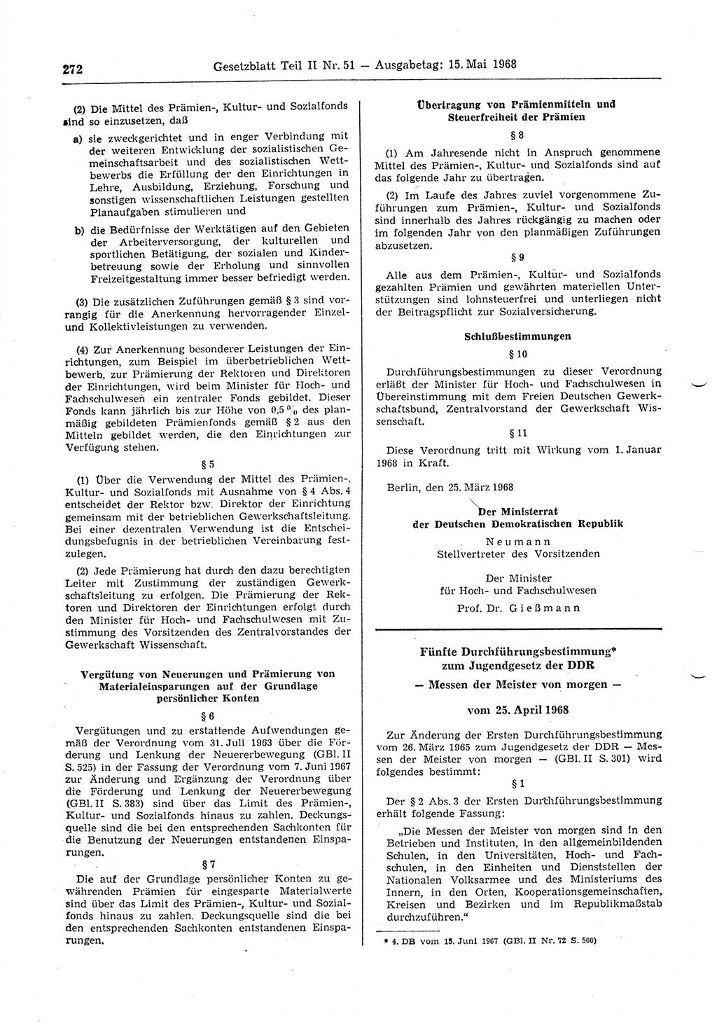 Gesetzblatt (GBl.) der Deutschen Demokratischen Republik (DDR) Teil ⅠⅠ 1968, Seite 272 (GBl. DDR ⅠⅠ 1968, S. 272)