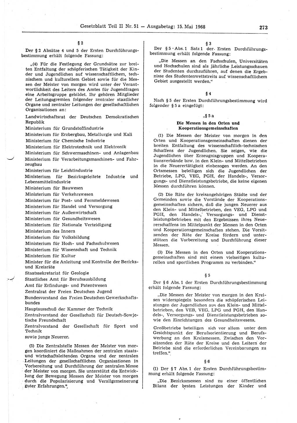 Gesetzblatt (GBl.) der Deutschen Demokratischen Republik (DDR) Teil ⅠⅠ 1968, Seite 273 (GBl. DDR ⅠⅠ 1968, S. 273)