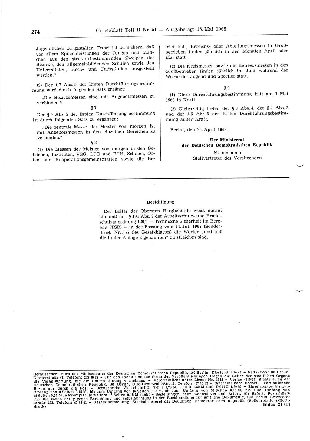 Gesetzblatt (GBl.) der Deutschen Demokratischen Republik (DDR) Teil ⅠⅠ 1968, Seite 274 (GBl. DDR ⅠⅠ 1968, S. 274)