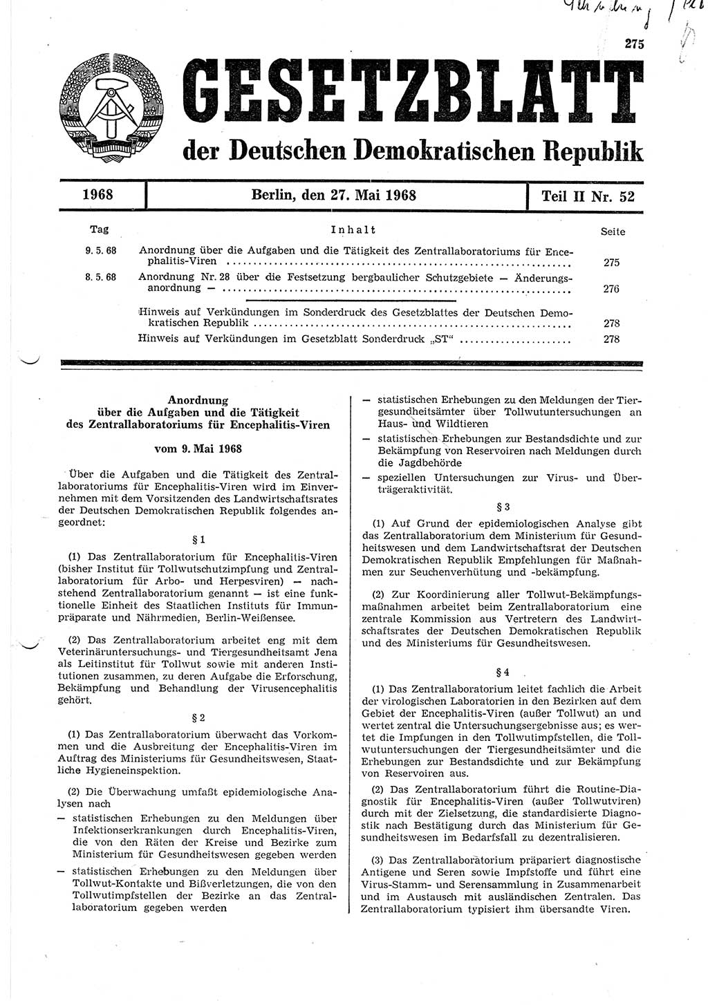 Gesetzblatt (GBl.) der Deutschen Demokratischen Republik (DDR) Teil ⅠⅠ 1968, Seite 275 (GBl. DDR ⅠⅠ 1968, S. 275)