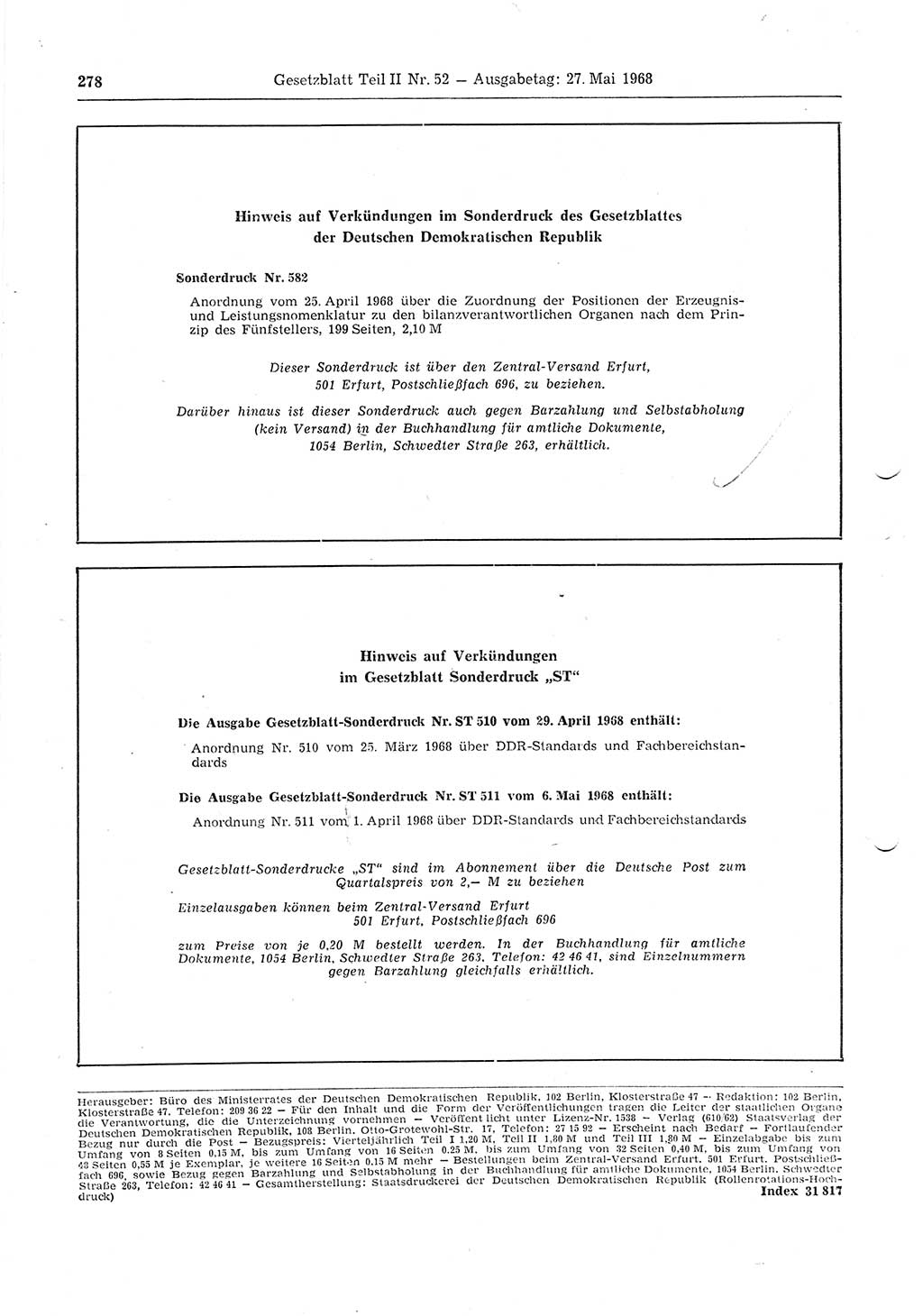 Gesetzblatt (GBl.) der Deutschen Demokratischen Republik (DDR) Teil ⅠⅠ 1968, Seite 278 (GBl. DDR ⅠⅠ 1968, S. 278)