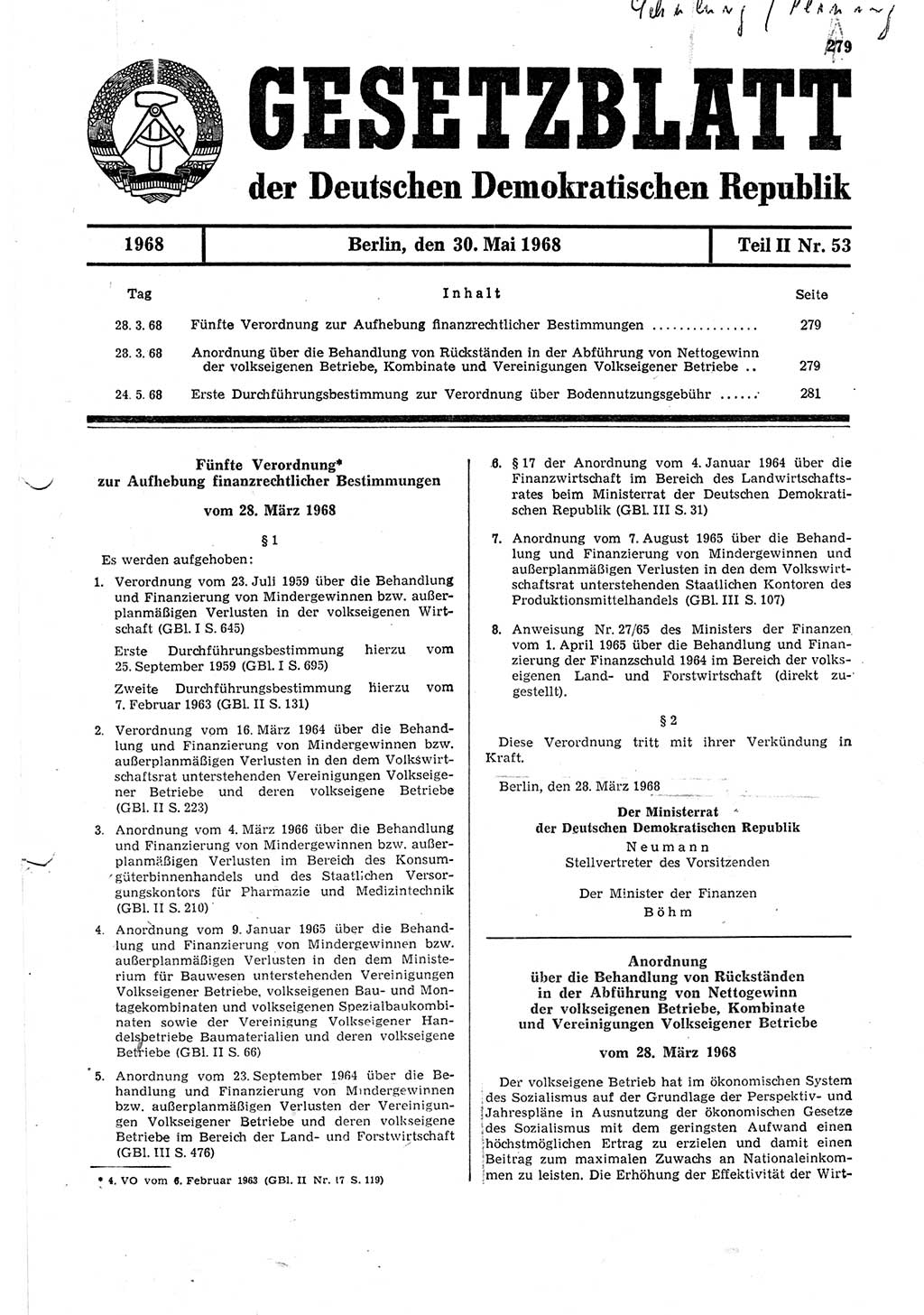 Gesetzblatt (GBl.) der Deutschen Demokratischen Republik (DDR) Teil ⅠⅠ 1968, Seite 279 (GBl. DDR ⅠⅠ 1968, S. 279)