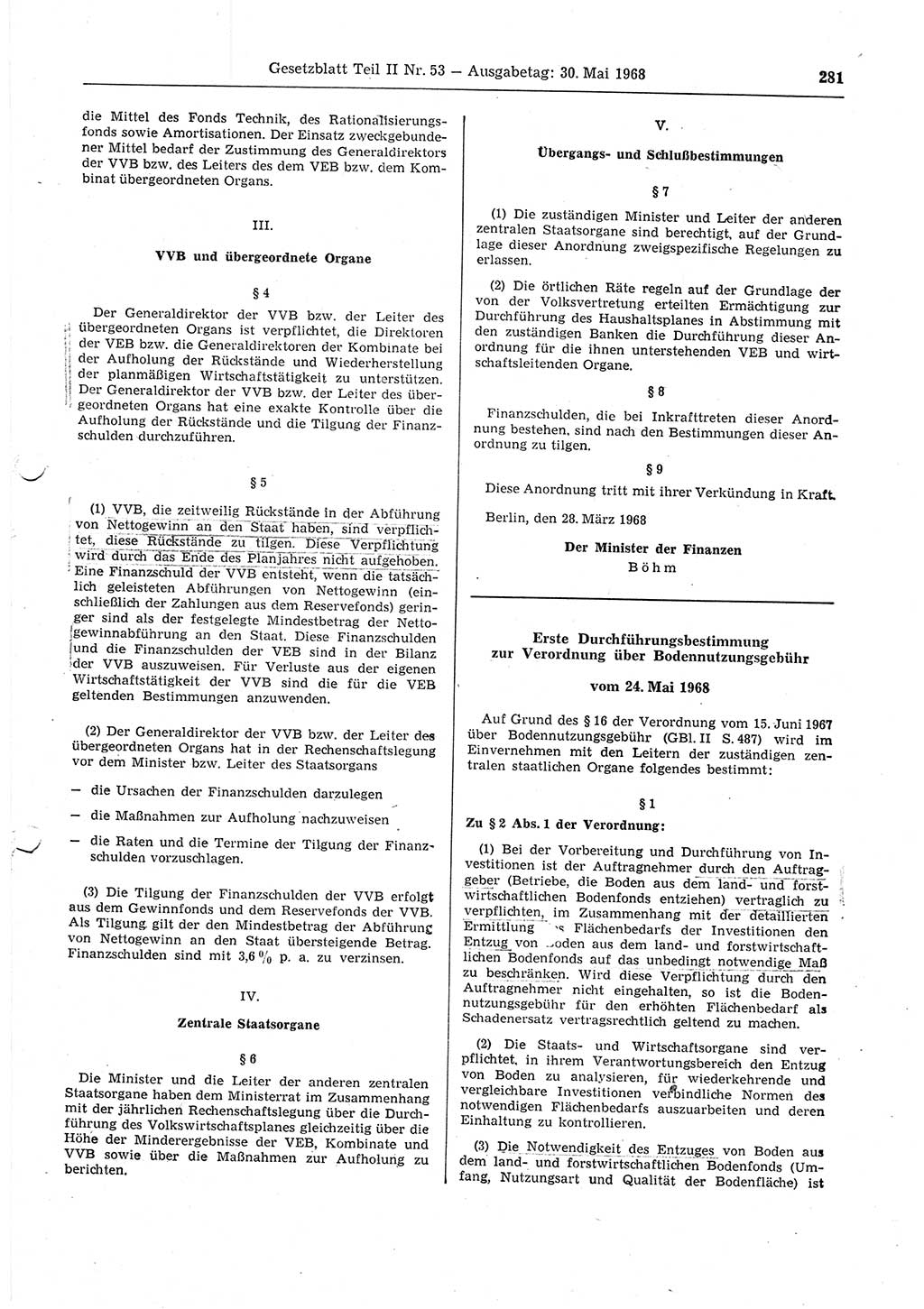 Gesetzblatt (GBl.) der Deutschen Demokratischen Republik (DDR) Teil ⅠⅠ 1968, Seite 281 (GBl. DDR ⅠⅠ 1968, S. 281)