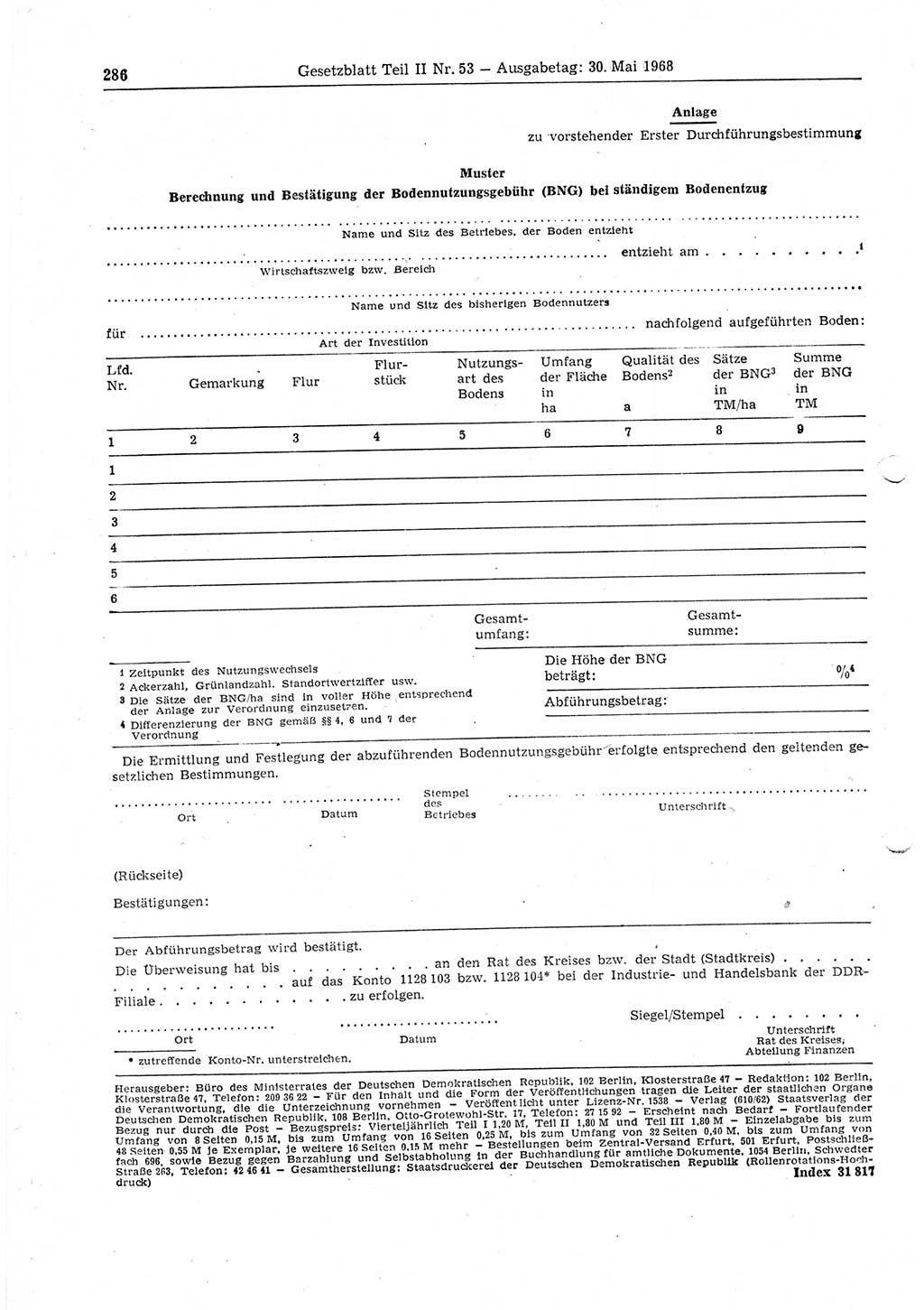 Gesetzblatt (GBl.) der Deutschen Demokratischen Republik (DDR) Teil ⅠⅠ 1968, Seite 286 (GBl. DDR ⅠⅠ 1968, S. 286)