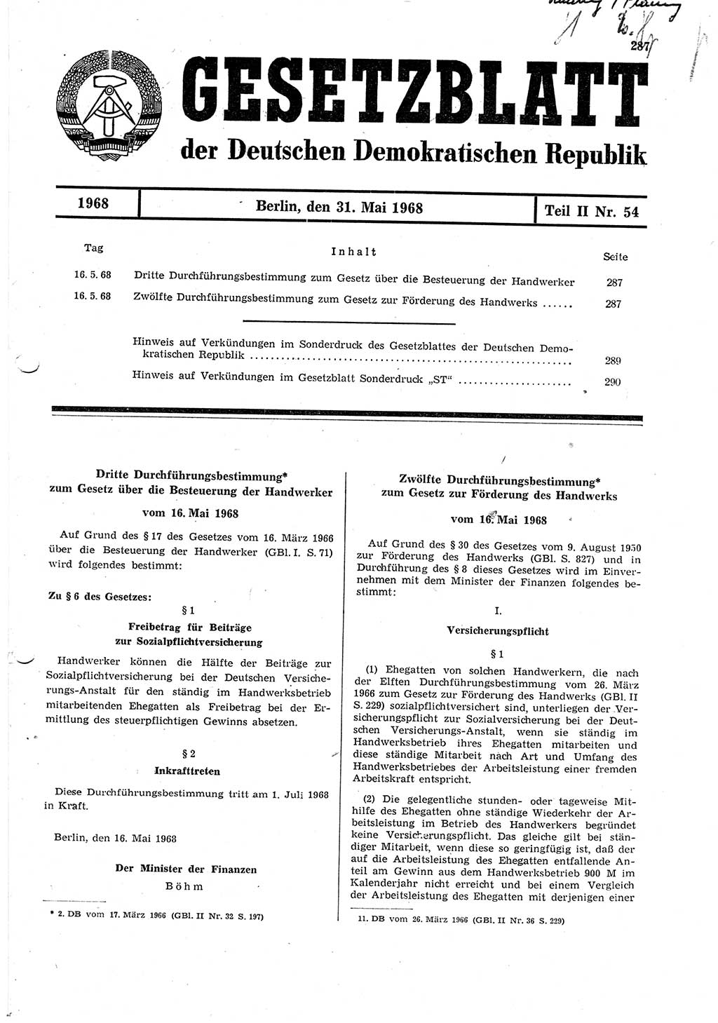 Gesetzblatt (GBl.) der Deutschen Demokratischen Republik (DDR) Teil ⅠⅠ 1968, Seite 287 (GBl. DDR ⅠⅠ 1968, S. 287)