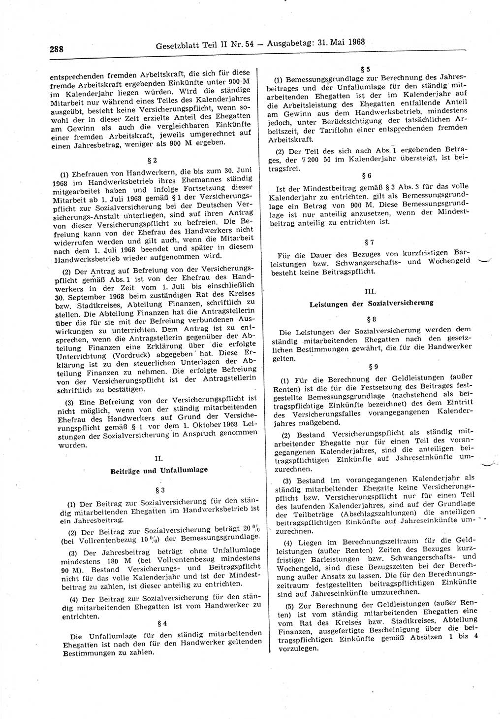 Gesetzblatt (GBl.) der Deutschen Demokratischen Republik (DDR) Teil ⅠⅠ 1968, Seite 288 (GBl. DDR ⅠⅠ 1968, S. 288)