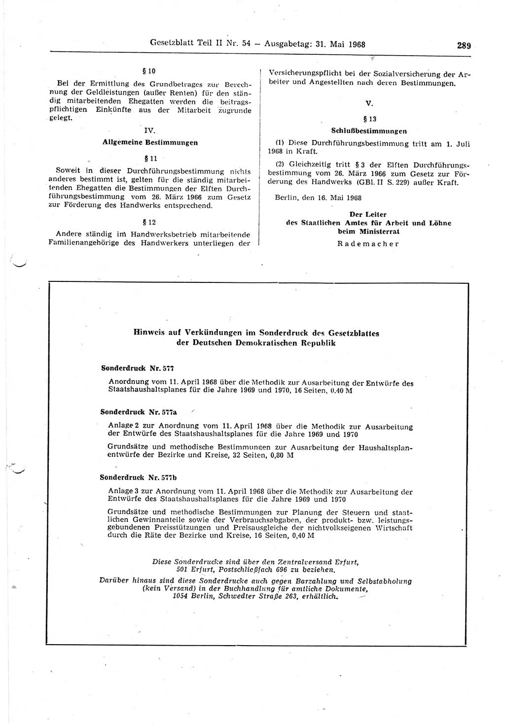 Gesetzblatt (GBl.) der Deutschen Demokratischen Republik (DDR) Teil ⅠⅠ 1968, Seite 289 (GBl. DDR ⅠⅠ 1968, S. 289)