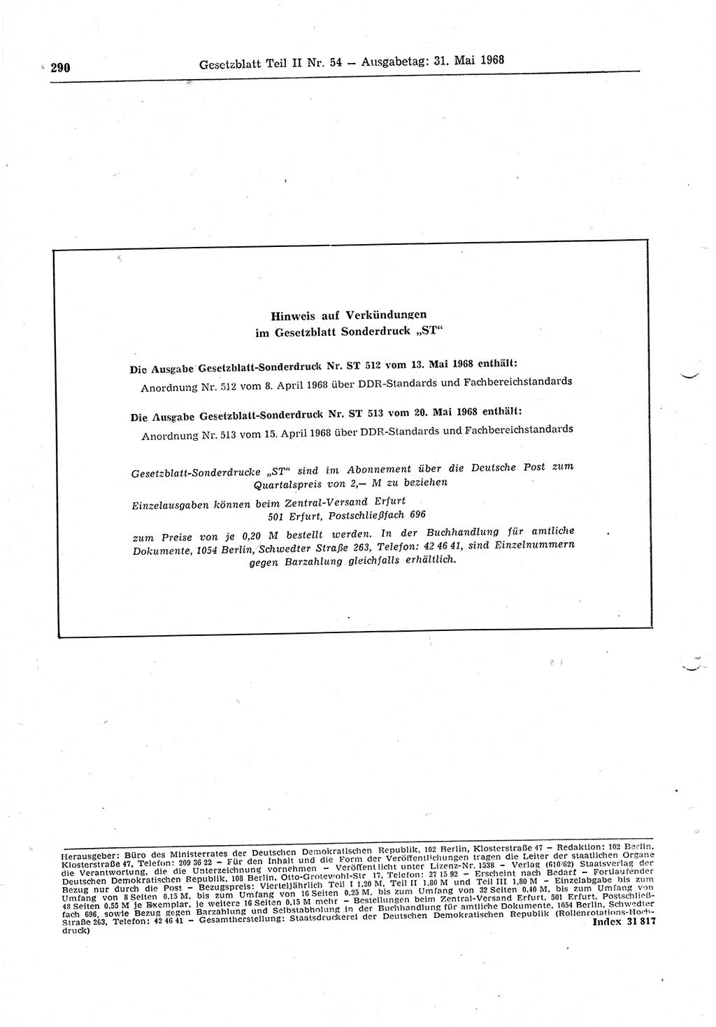 Gesetzblatt (GBl.) der Deutschen Demokratischen Republik (DDR) Teil ⅠⅠ 1968, Seite 290 (GBl. DDR ⅠⅠ 1968, S. 290)