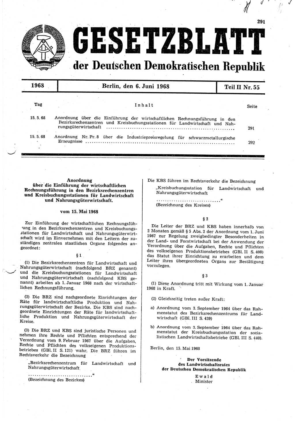 Gesetzblatt (GBl.) der Deutschen Demokratischen Republik (DDR) Teil ⅠⅠ 1968, Seite 291 (GBl. DDR ⅠⅠ 1968, S. 291)