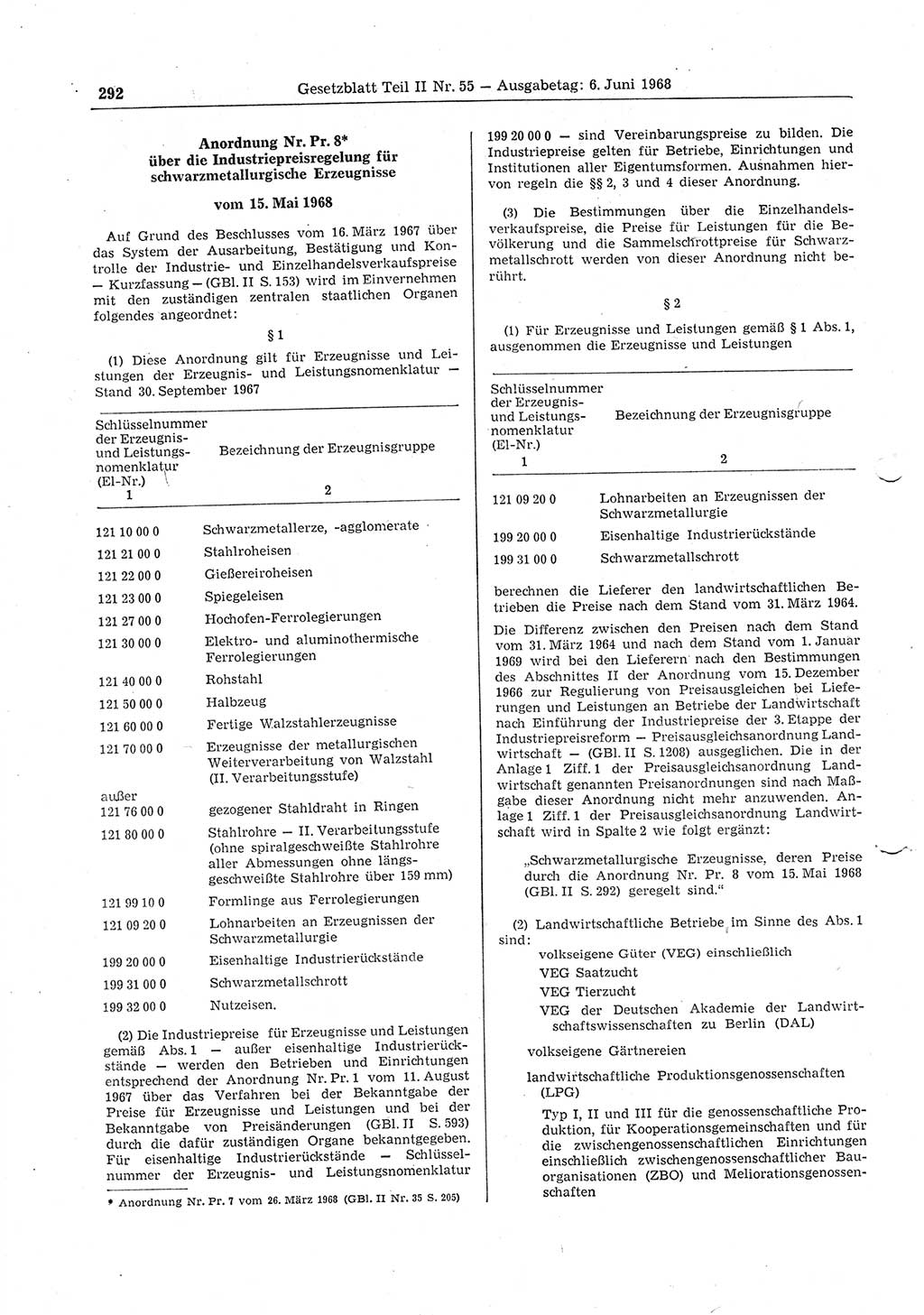 Gesetzblatt (GBl.) der Deutschen Demokratischen Republik (DDR) Teil ⅠⅠ 1968, Seite 292 (GBl. DDR ⅠⅠ 1968, S. 292)