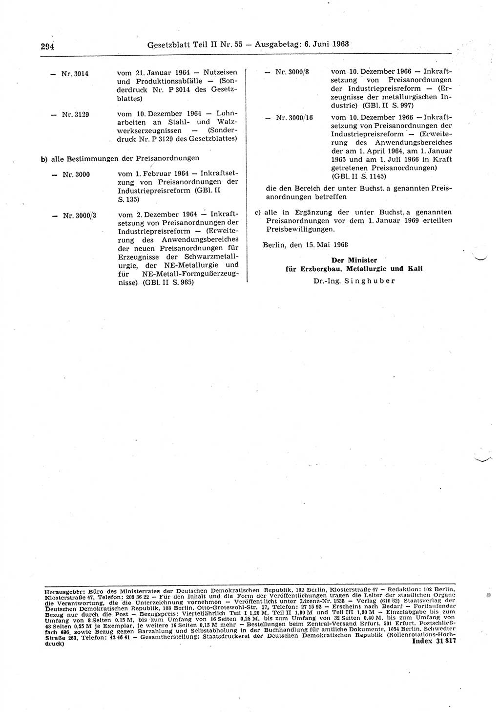 Gesetzblatt (GBl.) der Deutschen Demokratischen Republik (DDR) Teil ⅠⅠ 1968, Seite 294 (GBl. DDR ⅠⅠ 1968, S. 294)