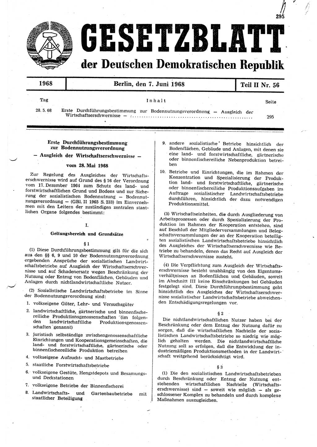 Gesetzblatt (GBl.) der Deutschen Demokratischen Republik (DDR) Teil ⅠⅠ 1968, Seite 295 (GBl. DDR ⅠⅠ 1968, S. 295)