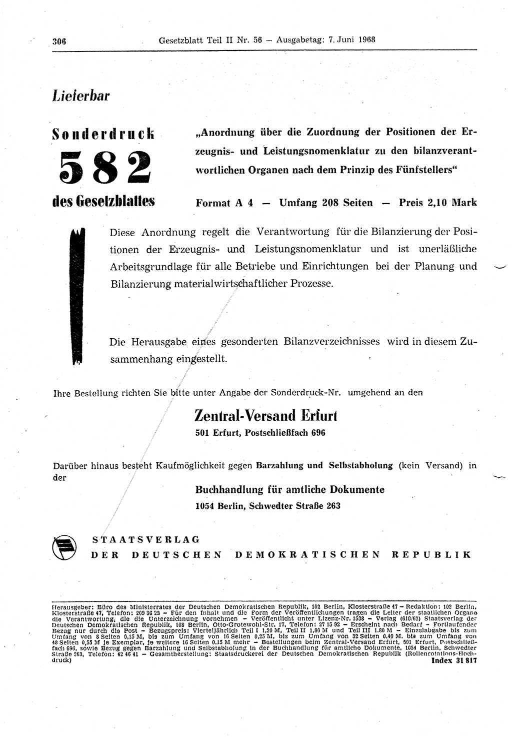Gesetzblatt (GBl.) der Deutschen Demokratischen Republik (DDR) Teil ⅠⅠ 1968, Seite 306 (GBl. DDR ⅠⅠ 1968, S. 306)