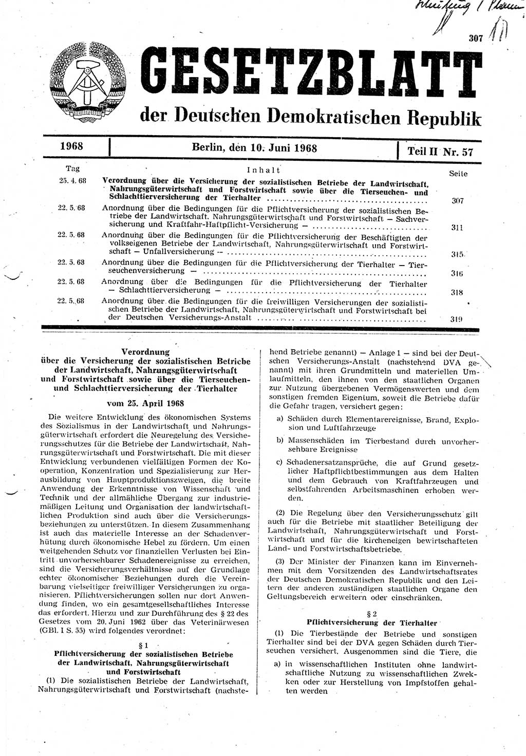 Gesetzblatt (GBl.) der Deutschen Demokratischen Republik (DDR) Teil ⅠⅠ 1968, Seite 307 (GBl. DDR ⅠⅠ 1968, S. 307)
