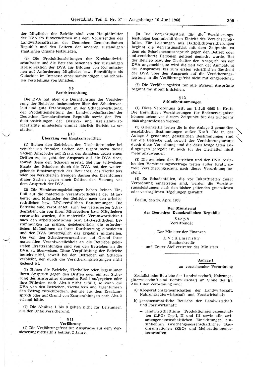 Gesetzblatt (GBl.) der Deutschen Demokratischen Republik (DDR) Teil ⅠⅠ 1968, Seite 309 (GBl. DDR ⅠⅠ 1968, S. 309)
