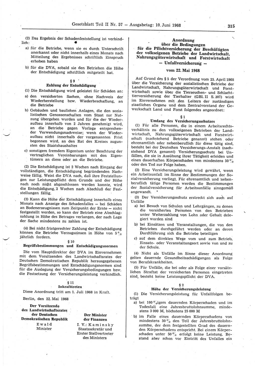 Gesetzblatt (GBl.) der Deutschen Demokratischen Republik (DDR) Teil ⅠⅠ 1968, Seite 315 (GBl. DDR ⅠⅠ 1968, S. 315)