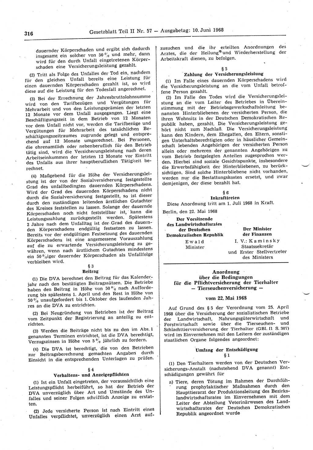 Gesetzblatt (GBl.) der Deutschen Demokratischen Republik (DDR) Teil ⅠⅠ 1968, Seite 316 (GBl. DDR ⅠⅠ 1968, S. 316)