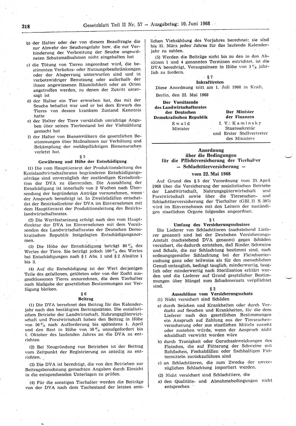 Gesetzblatt (GBl.) der Deutschen Demokratischen Republik (DDR) Teil ⅠⅠ 1968, Seite 318 (GBl. DDR ⅠⅠ 1968, S. 318)