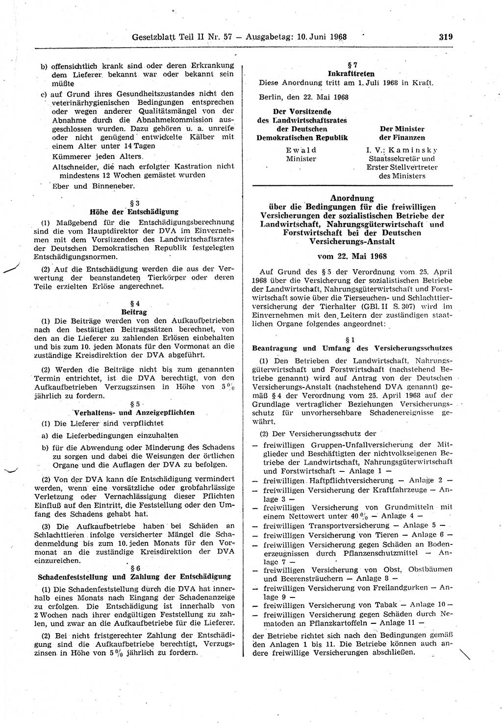 Gesetzblatt (GBl.) der Deutschen Demokratischen Republik (DDR) Teil ⅠⅠ 1968, Seite 319 (GBl. DDR ⅠⅠ 1968, S. 319)