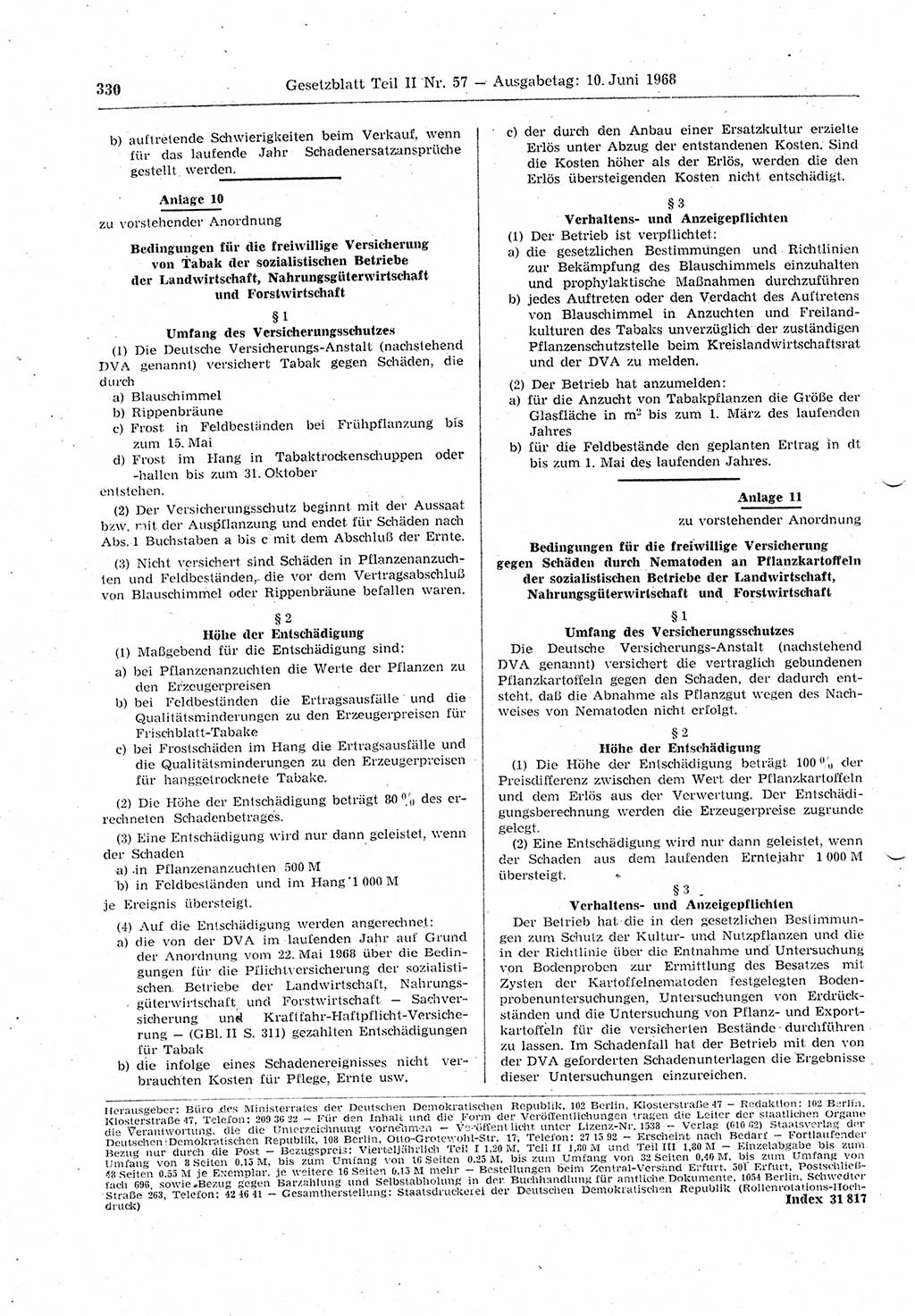 Gesetzblatt (GBl.) der Deutschen Demokratischen Republik (DDR) Teil ⅠⅠ 1968, Seite 330 (GBl. DDR ⅠⅠ 1968, S. 330)