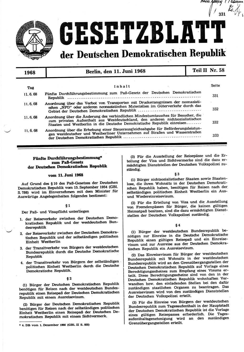 Gesetzblatt (GBl.) der Deutschen Demokratischen Republik (DDR) Teil ⅠⅠ 1968, Seite 331 (GBl. DDR ⅠⅠ 1968, S. 331)