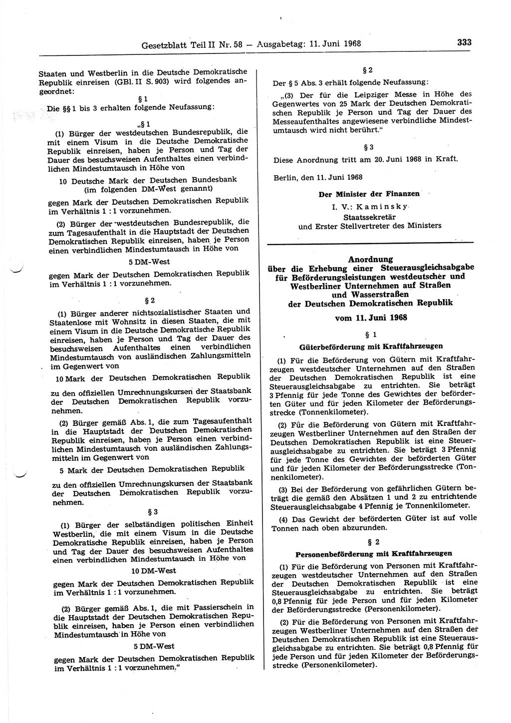 Gesetzblatt (GBl.) der Deutschen Demokratischen Republik (DDR) Teil ⅠⅠ 1968, Seite 333 (GBl. DDR ⅠⅠ 1968, S. 333)