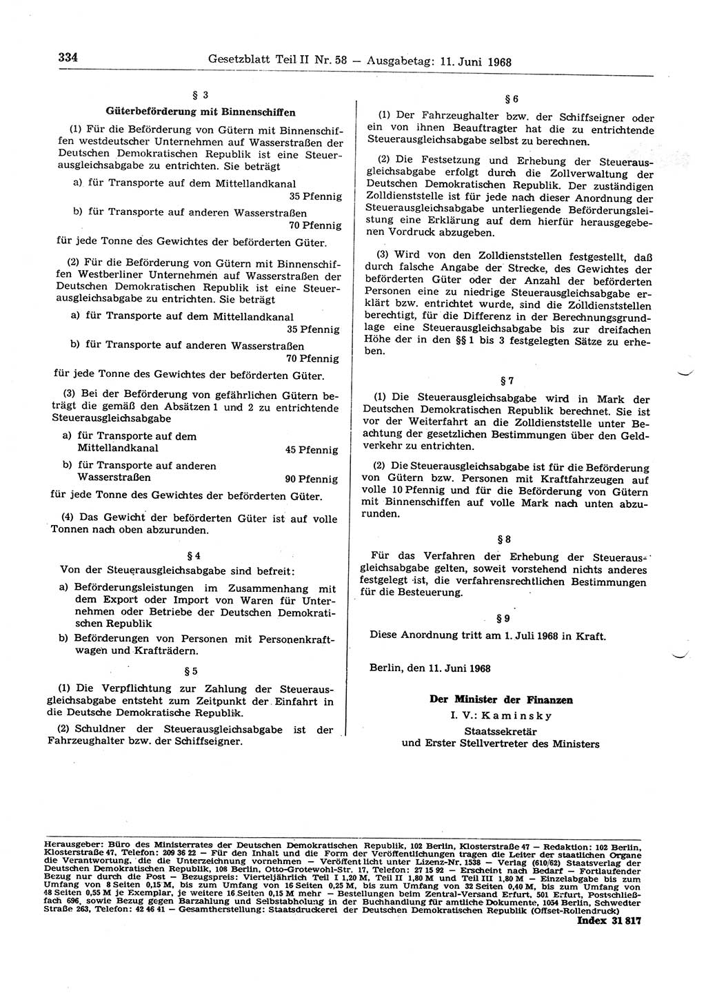 Gesetzblatt (GBl.) der Deutschen Demokratischen Republik (DDR) Teil ⅠⅠ 1968, Seite 334 (GBl. DDR ⅠⅠ 1968, S. 334)