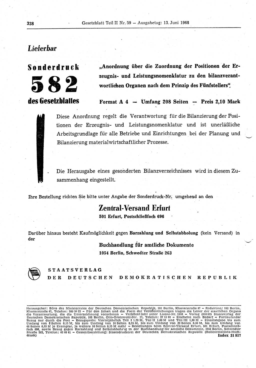 Gesetzblatt (GBl.) der Deutschen Demokratischen Republik (DDR) Teil ⅠⅠ 1968, Seite 338 (GBl. DDR ⅠⅠ 1968, S. 338)